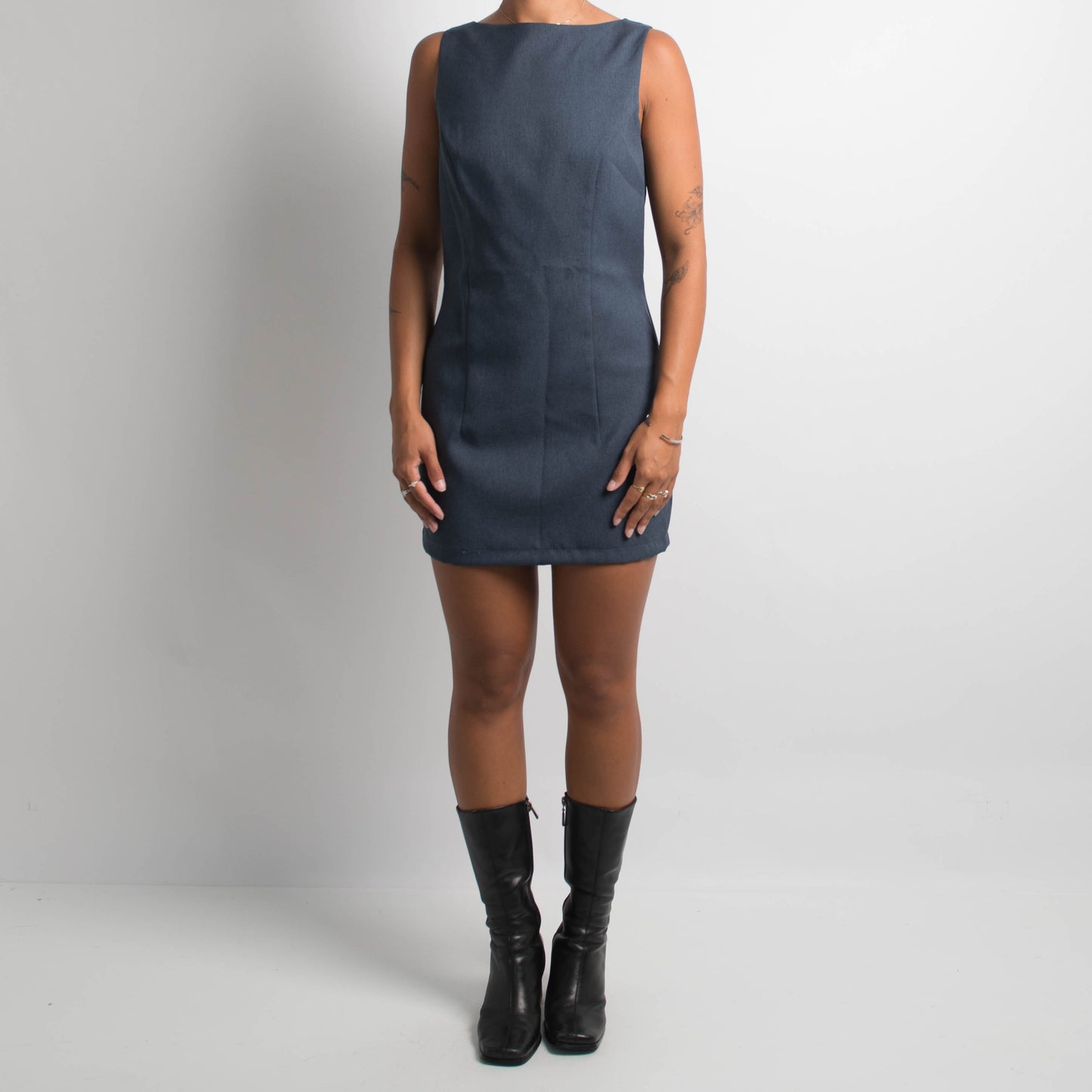 BLUE BOAT NECK MINI DRESS