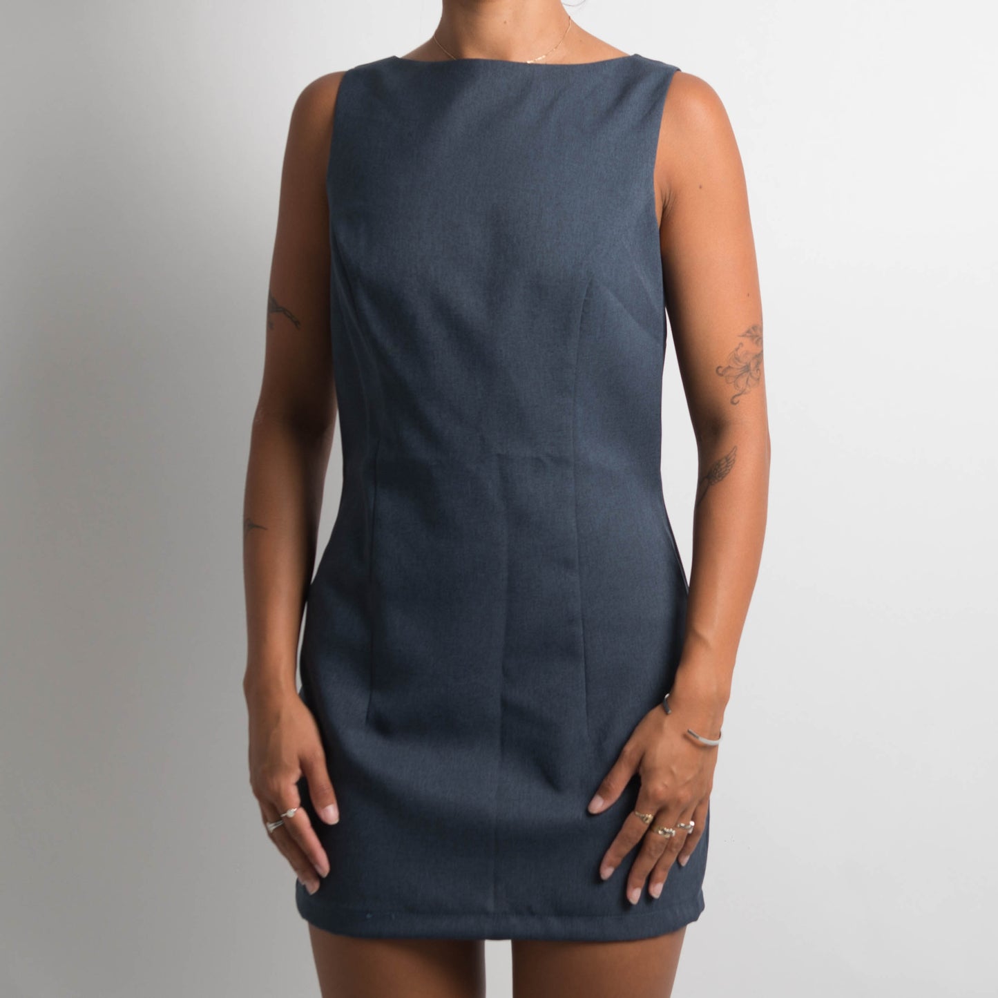 BLUE BOAT NECK MINI DRESS