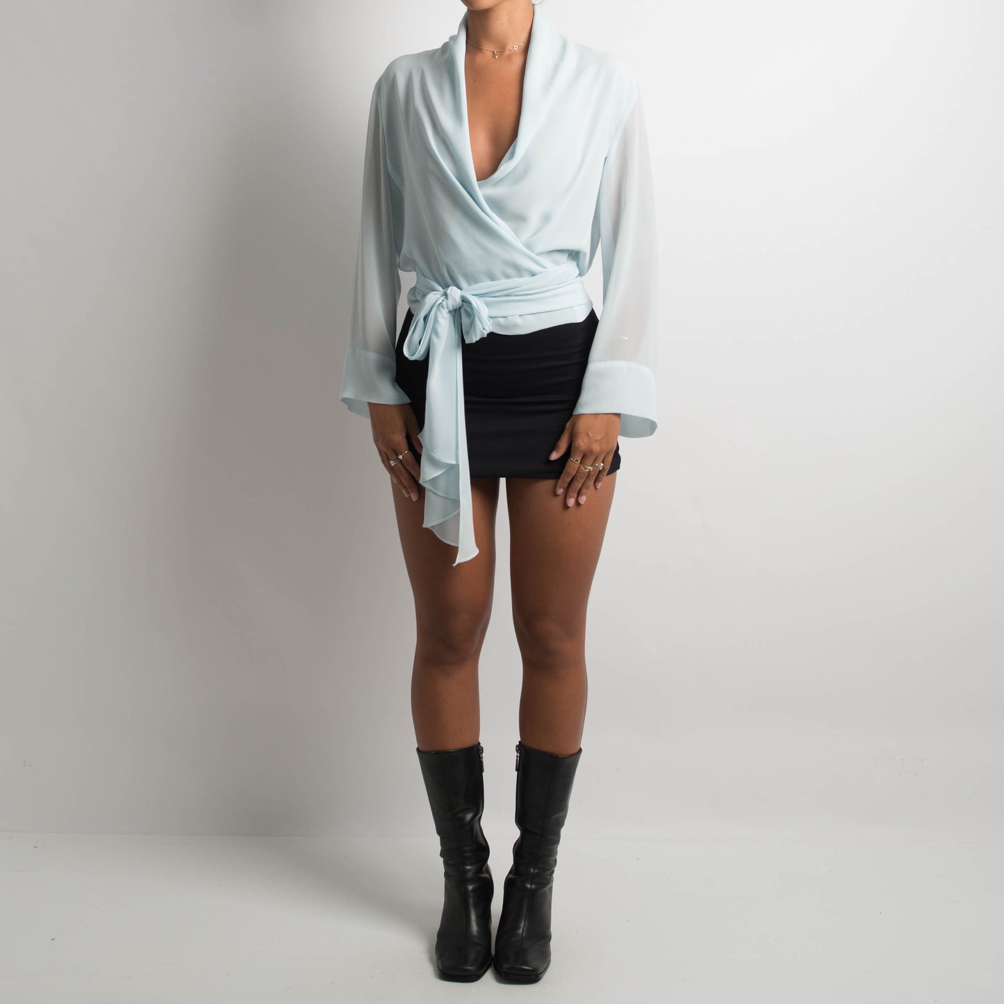 BLUE CHIFFON WRAP BLOUSE