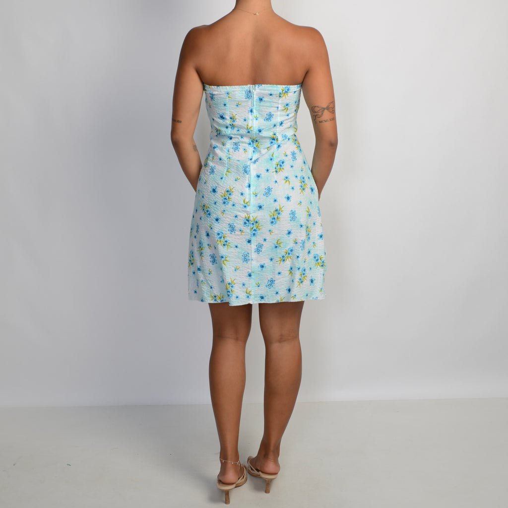 BLUE FLORAL STRAPLESS DRESS