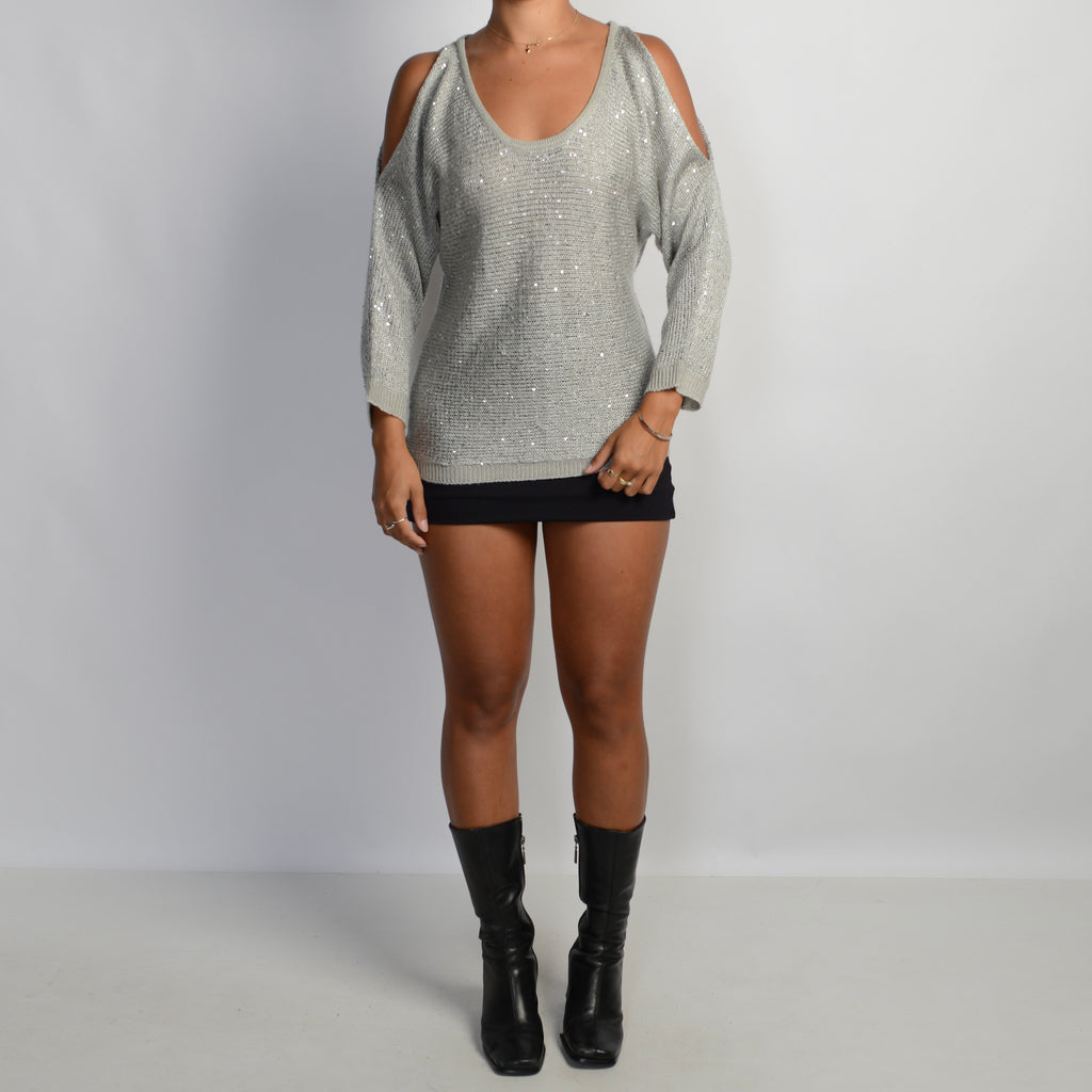 SILVER COLD SHOULDER SWEATER