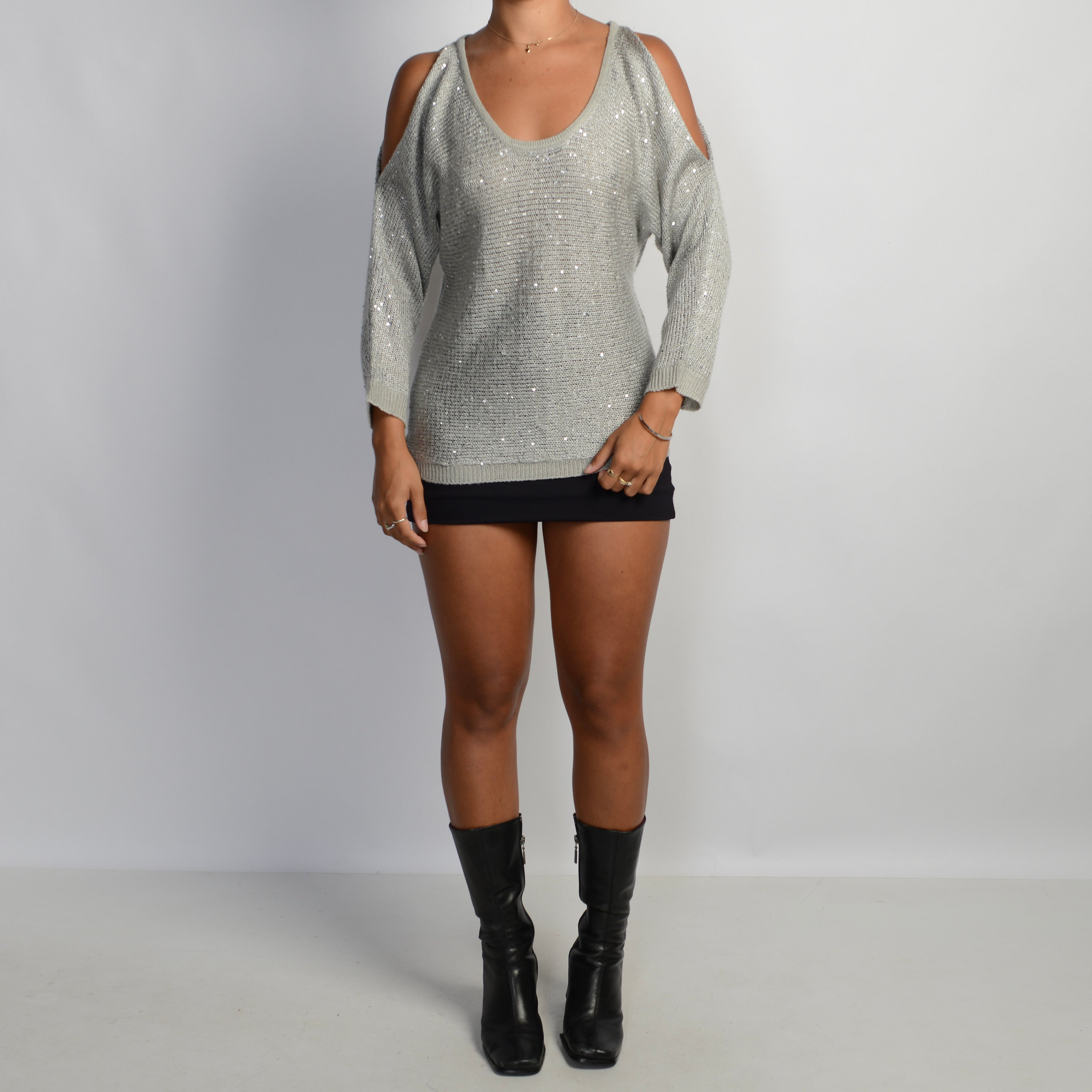 SILVER COLD SHOULDER SWEATER