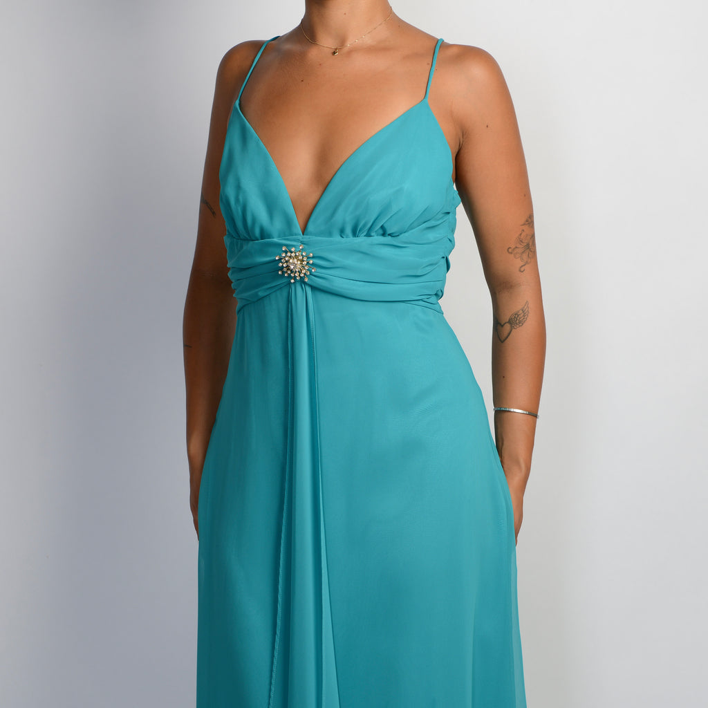 TEAL FRONT SASH GOWN