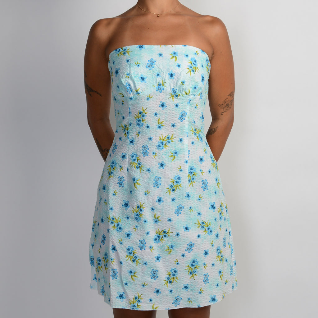 BLUE FLORAL STRAPLESS DRESS