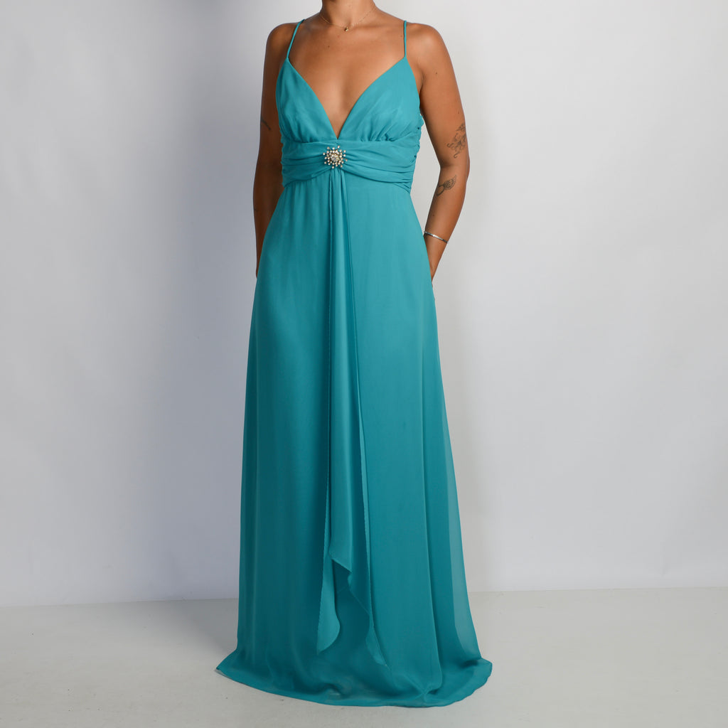 TEAL FRONT SASH GOWN