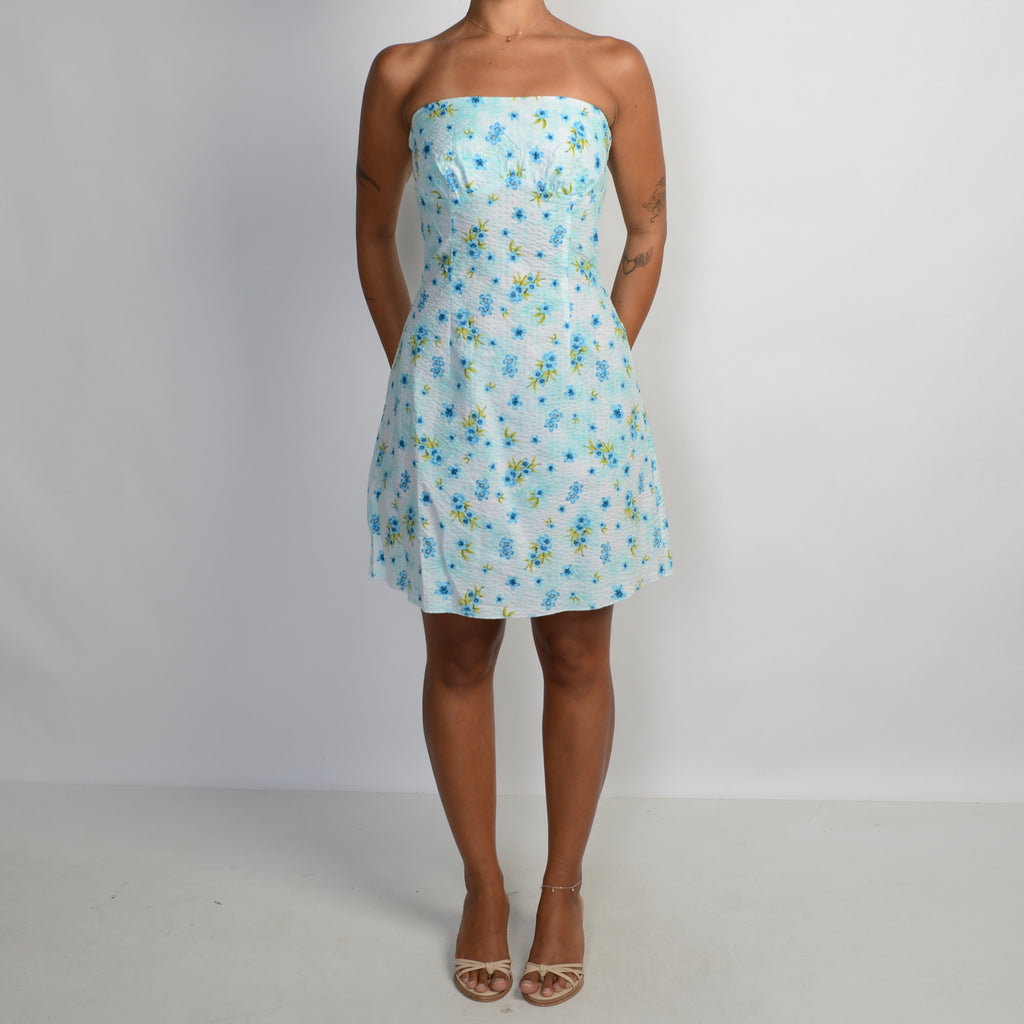 BLUE FLORAL STRAPLESS DRESS