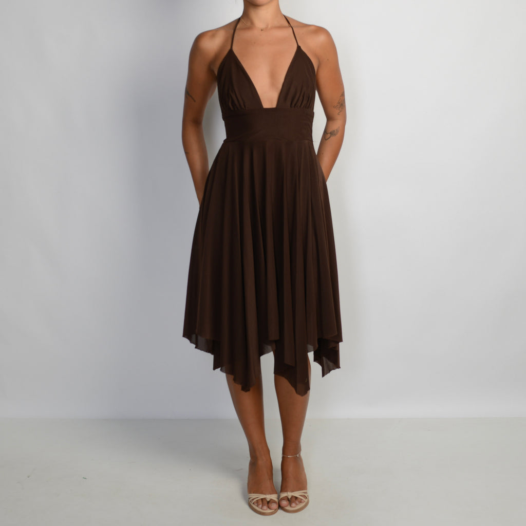 BROWN HALTER DRESS
