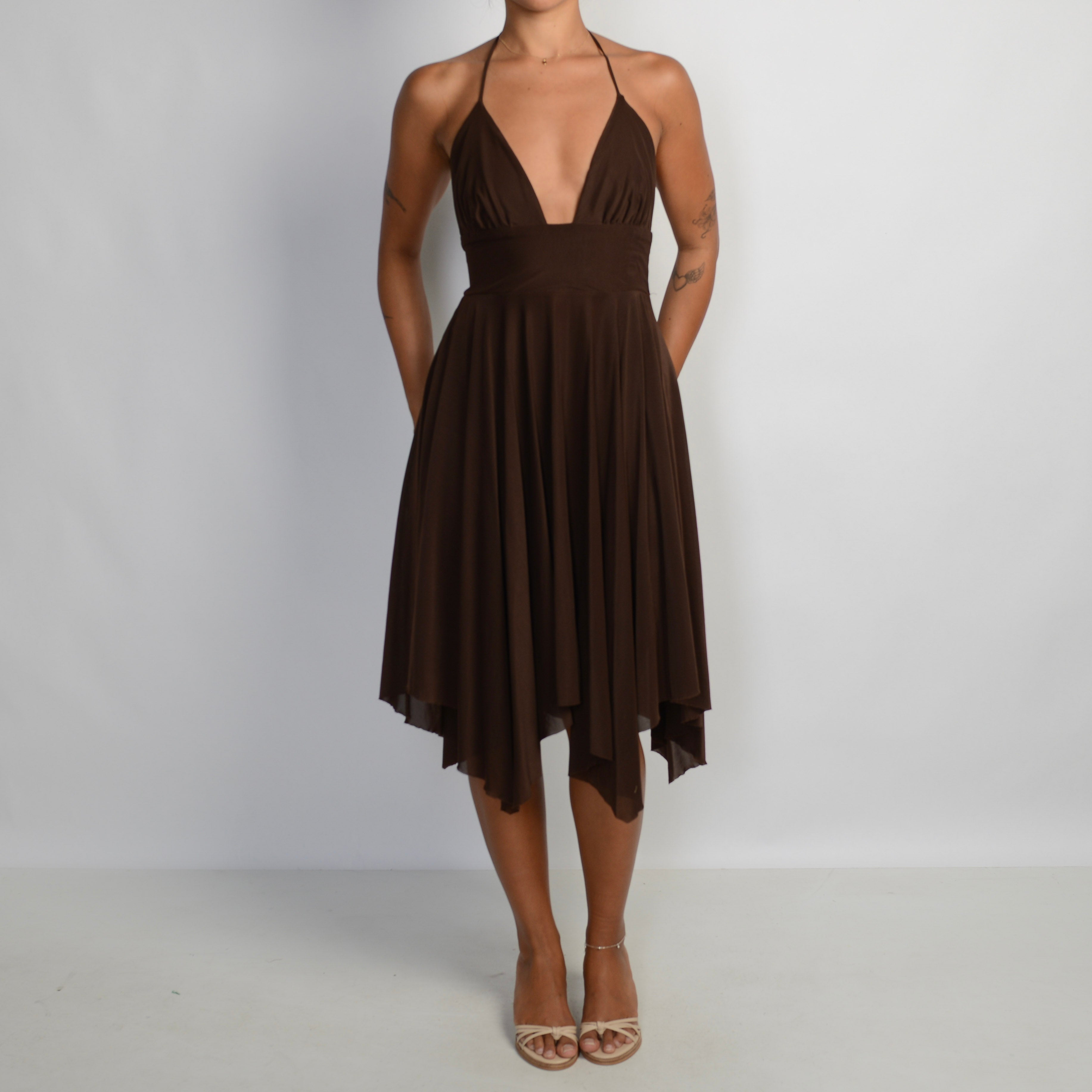 BROWN HALTER DRESS