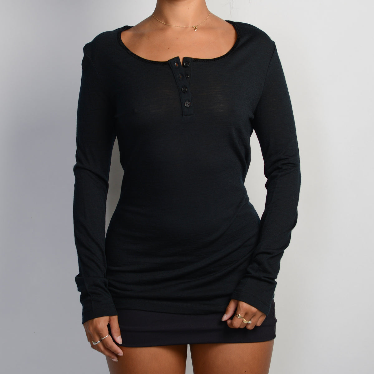 BLACK WOOL HENLEY SHIRT