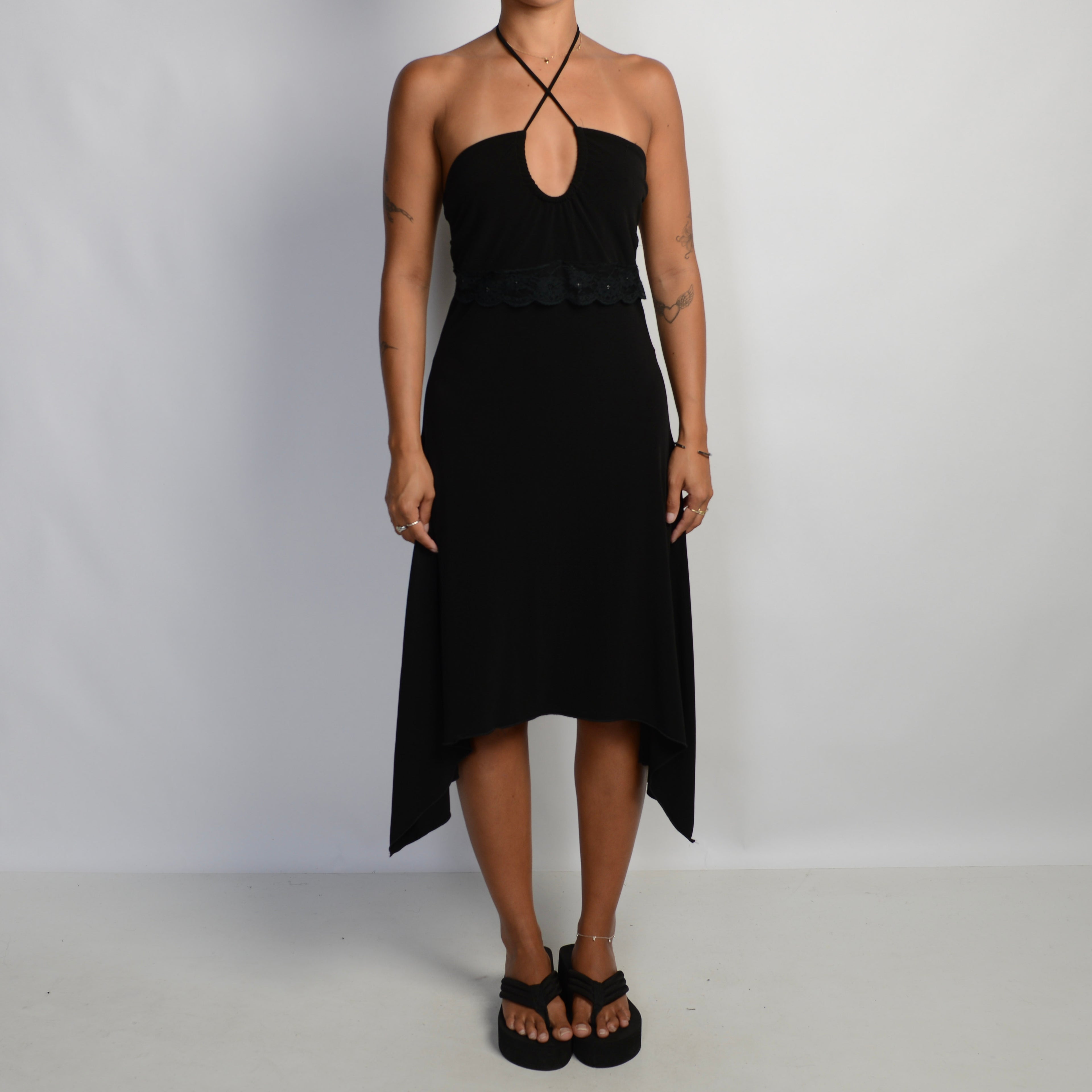 BLACK ASYMMETRIC HALTER DRESS