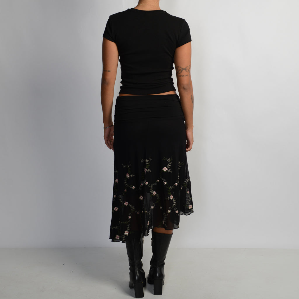 BLACK FLORAL MIDI SKIRT