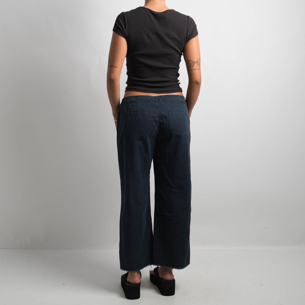 NAVY LACE UP COTTON PANTS