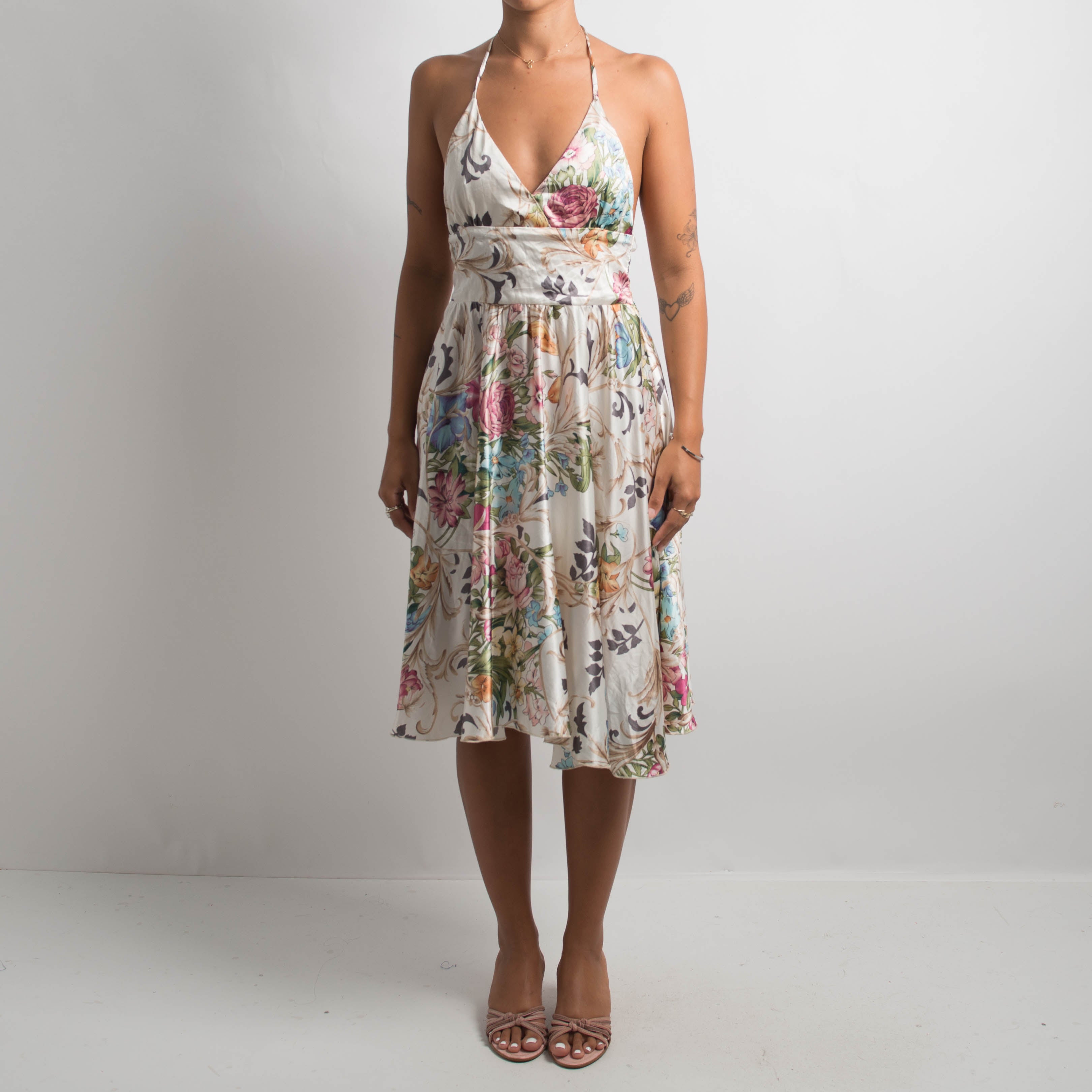 SATIN FLORAL HALTERNECK DRESS