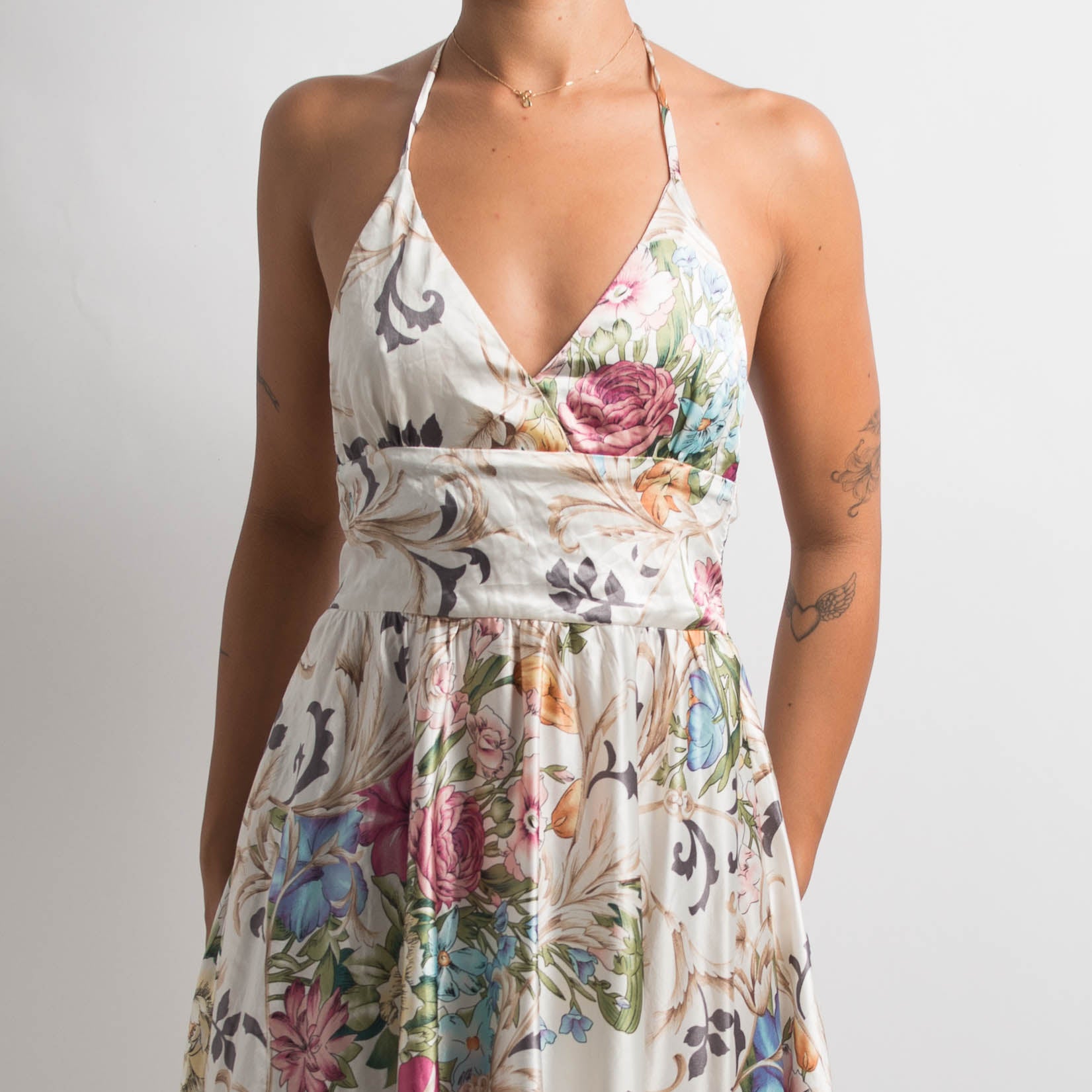 SATIN FLORAL HALTERNECK DRESS