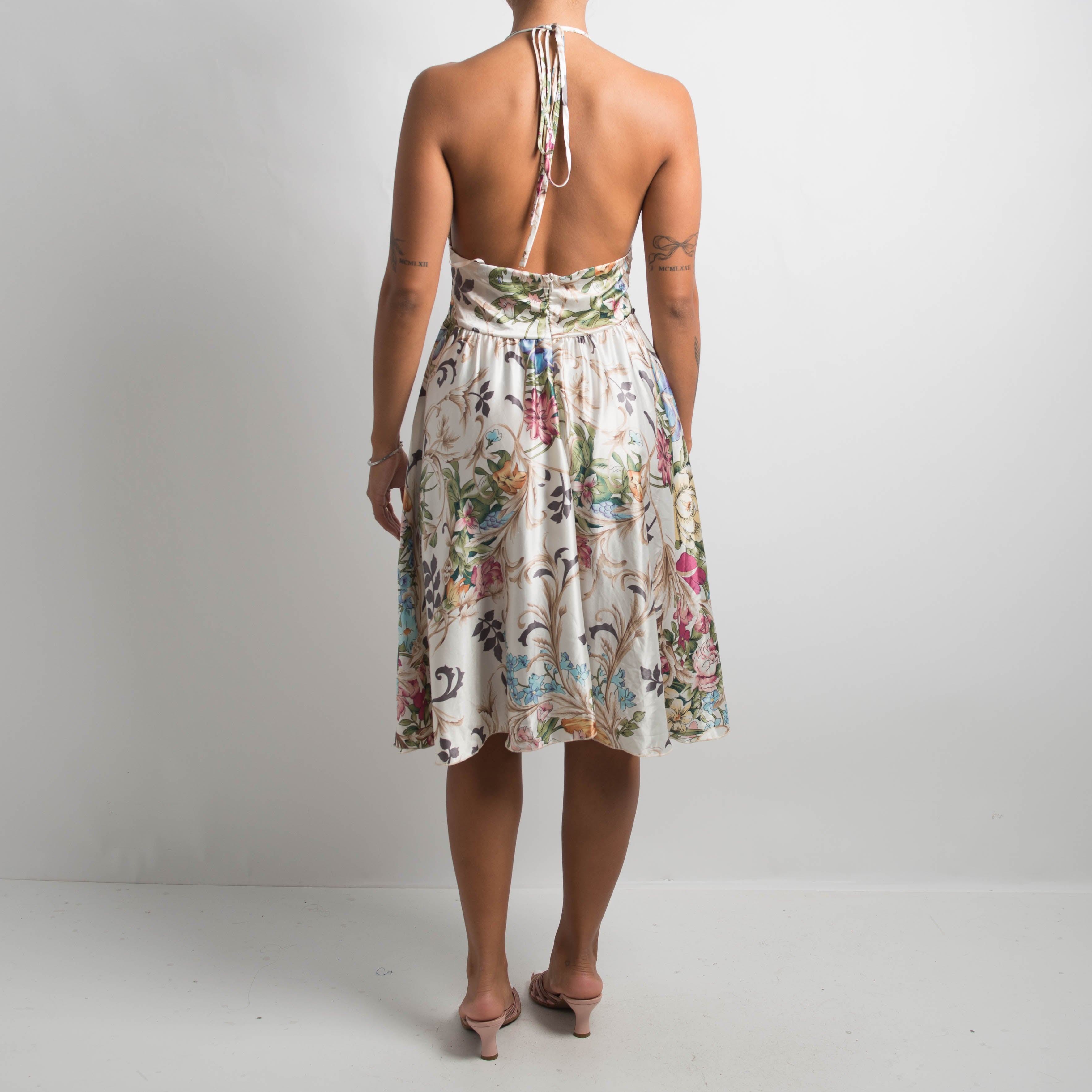 SATIN FLORAL HALTERNECK DRESS