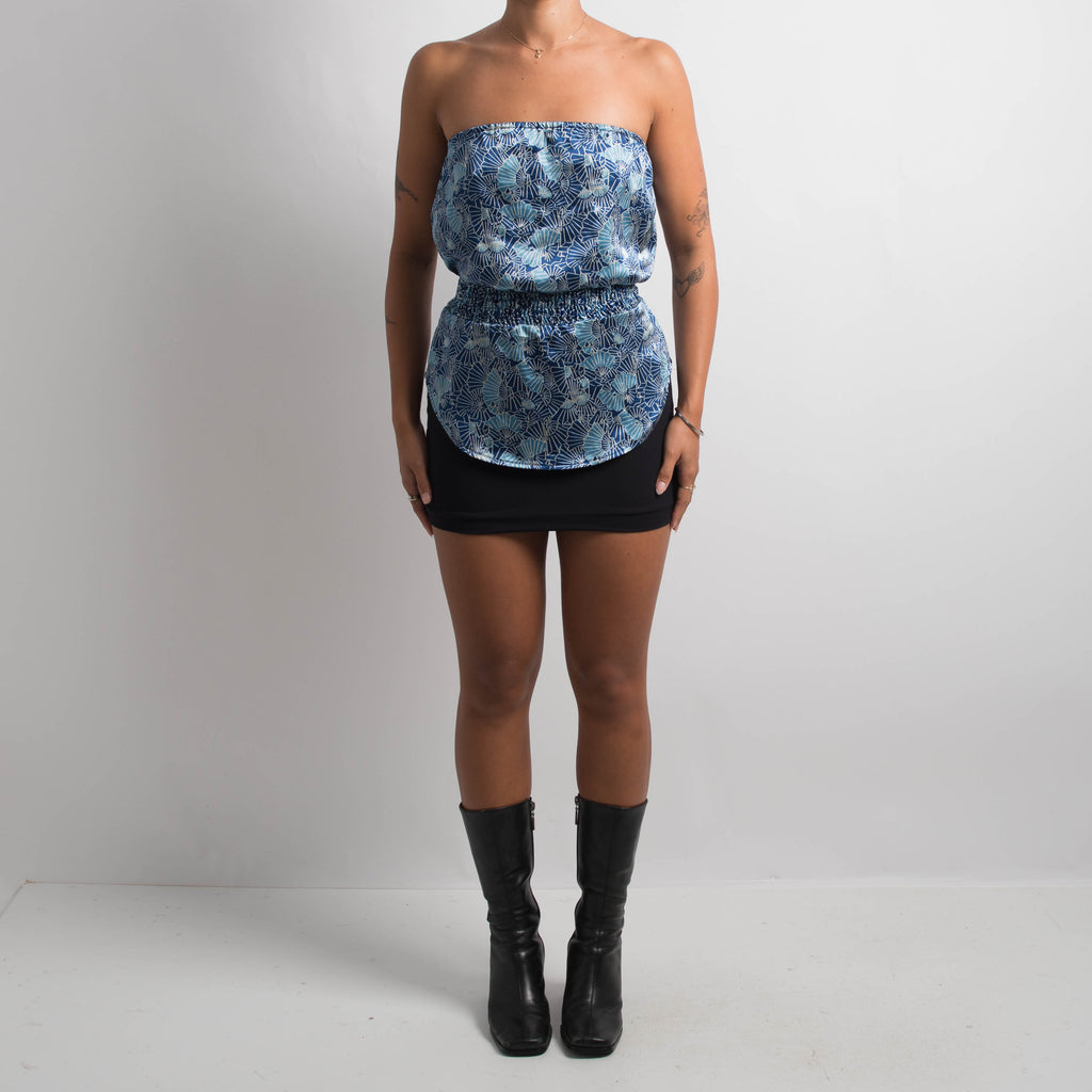 BLUE SATIN STRAPLESS TOP