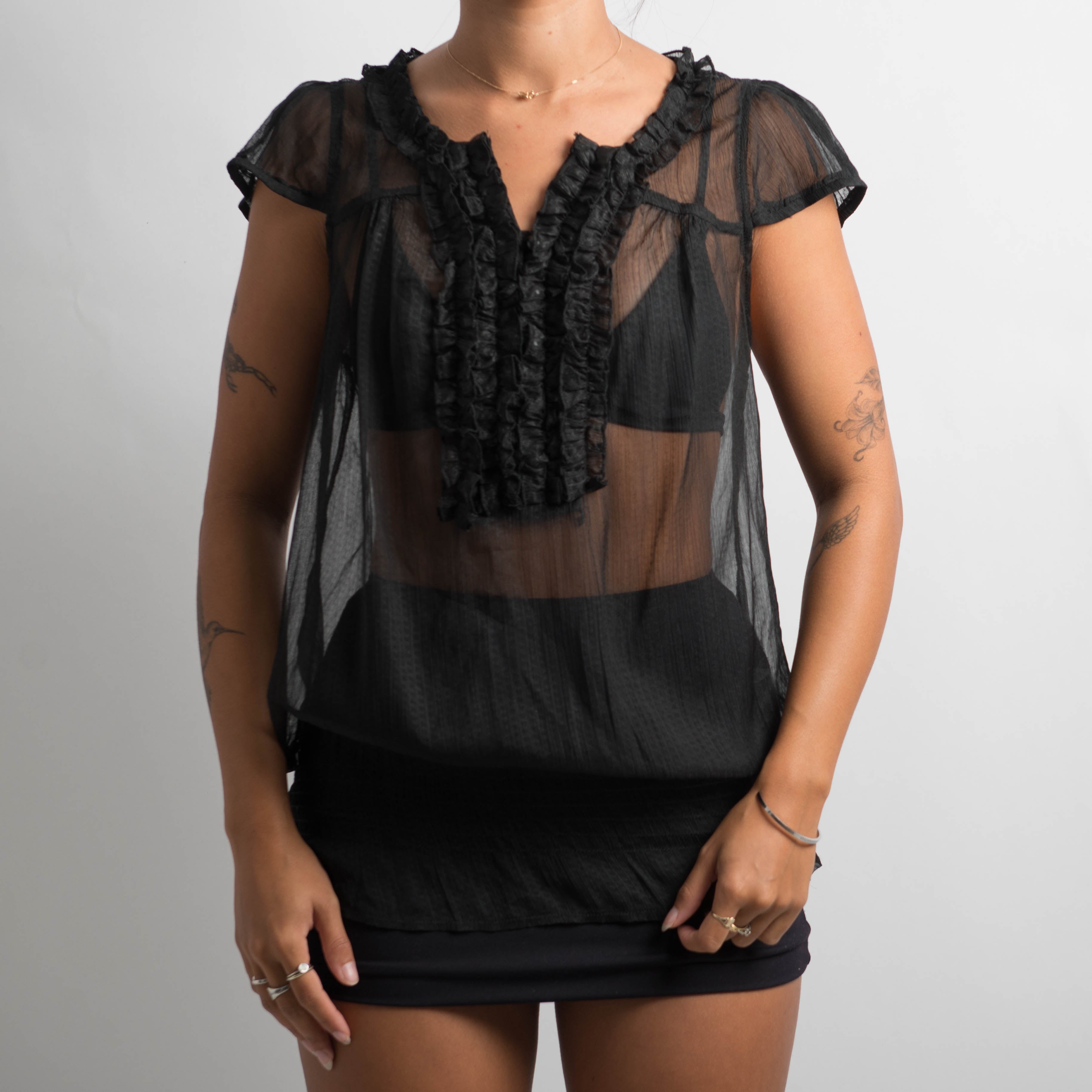 BLACK SHEER RUFFLE TOP