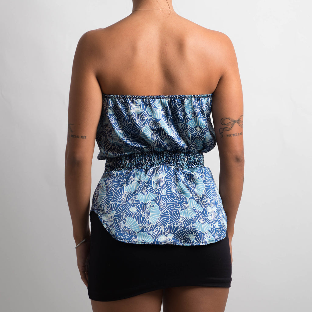 BLUE SATIN STRAPLESS TOP