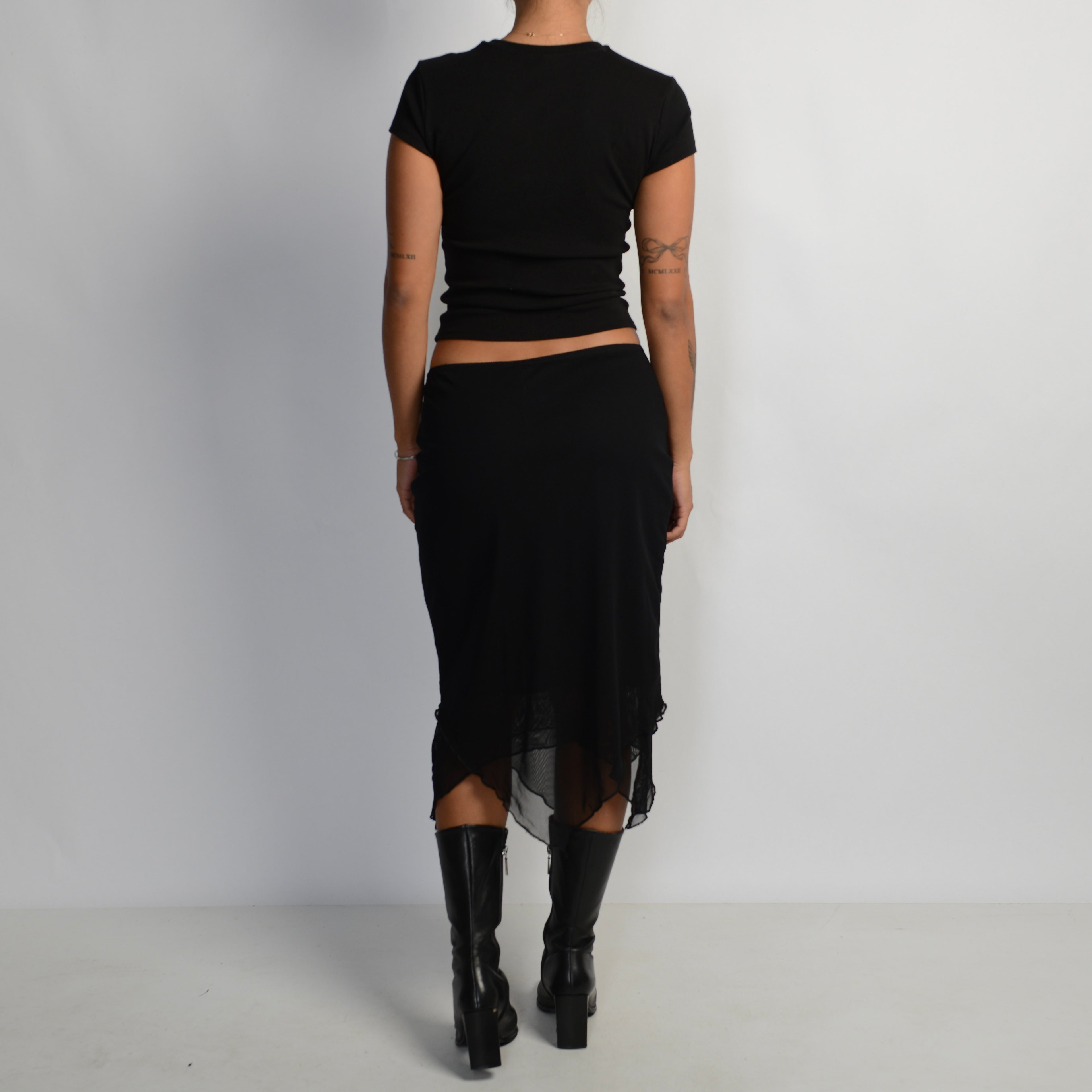 BLACK MESH MIDI SKIRT