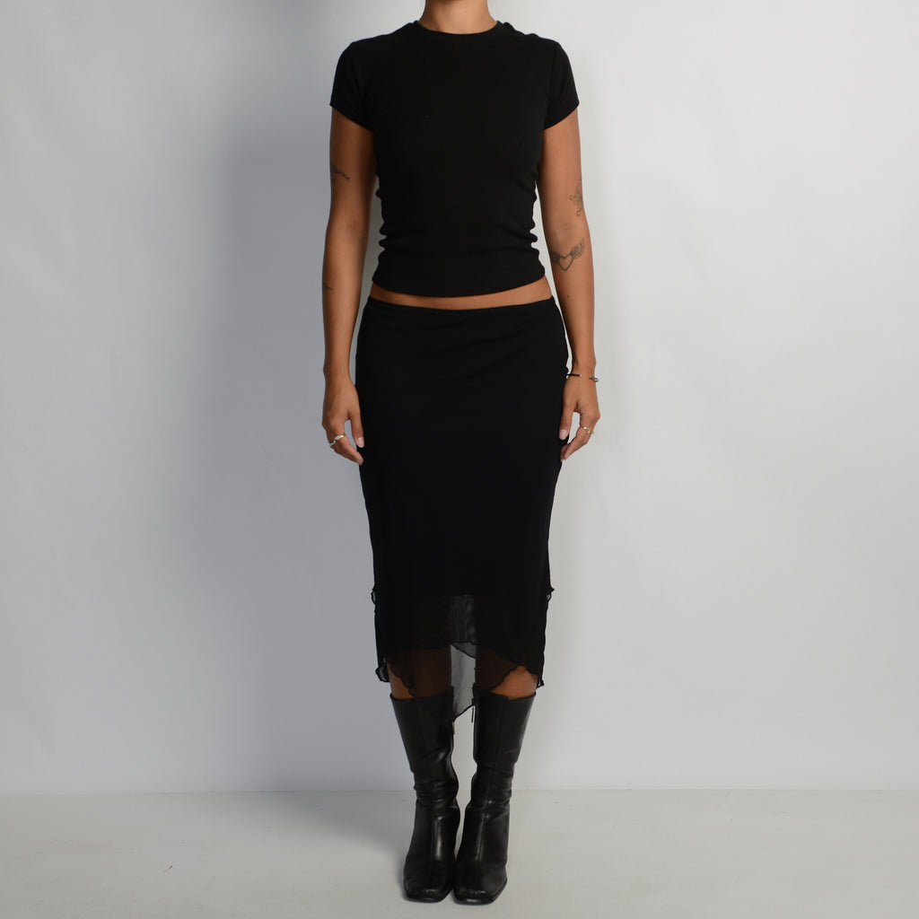 BLACK MESH MIDI SKIRT