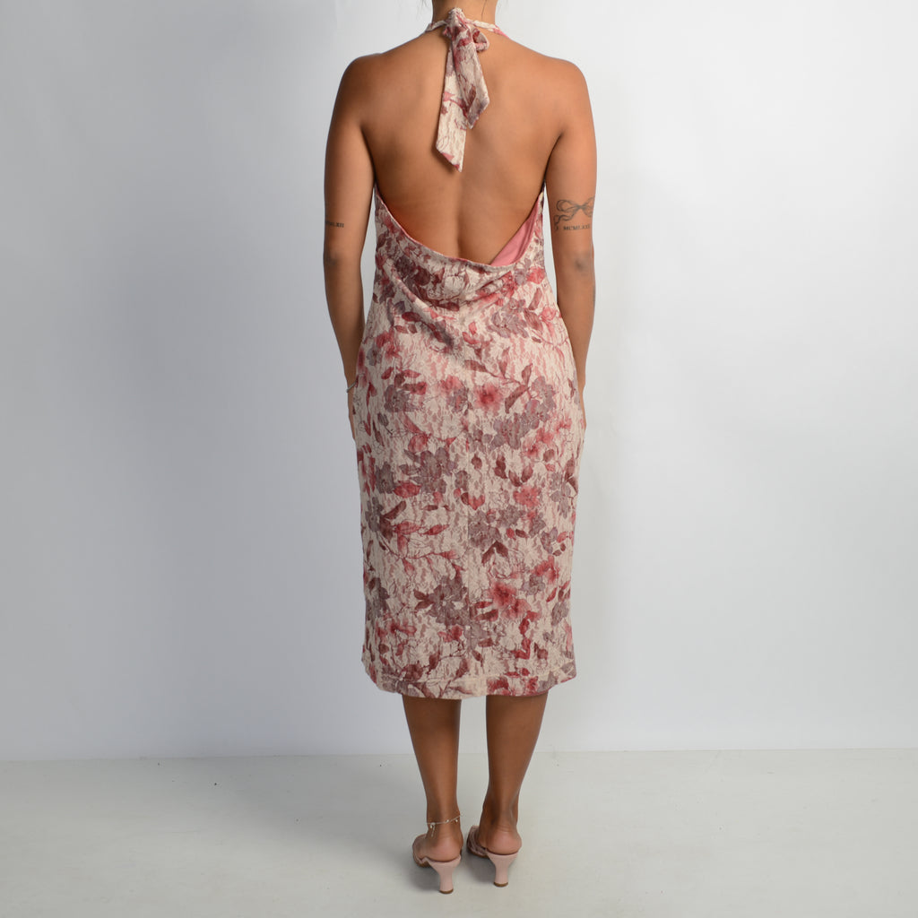 PINK FLORAL MESH MIDI DRESS