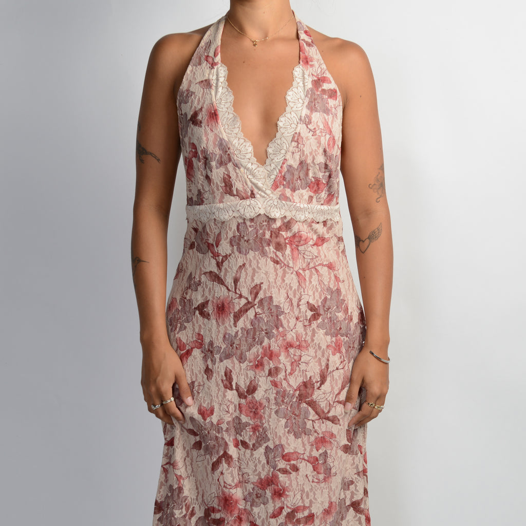 PINK FLORAL MESH MIDI DRESS