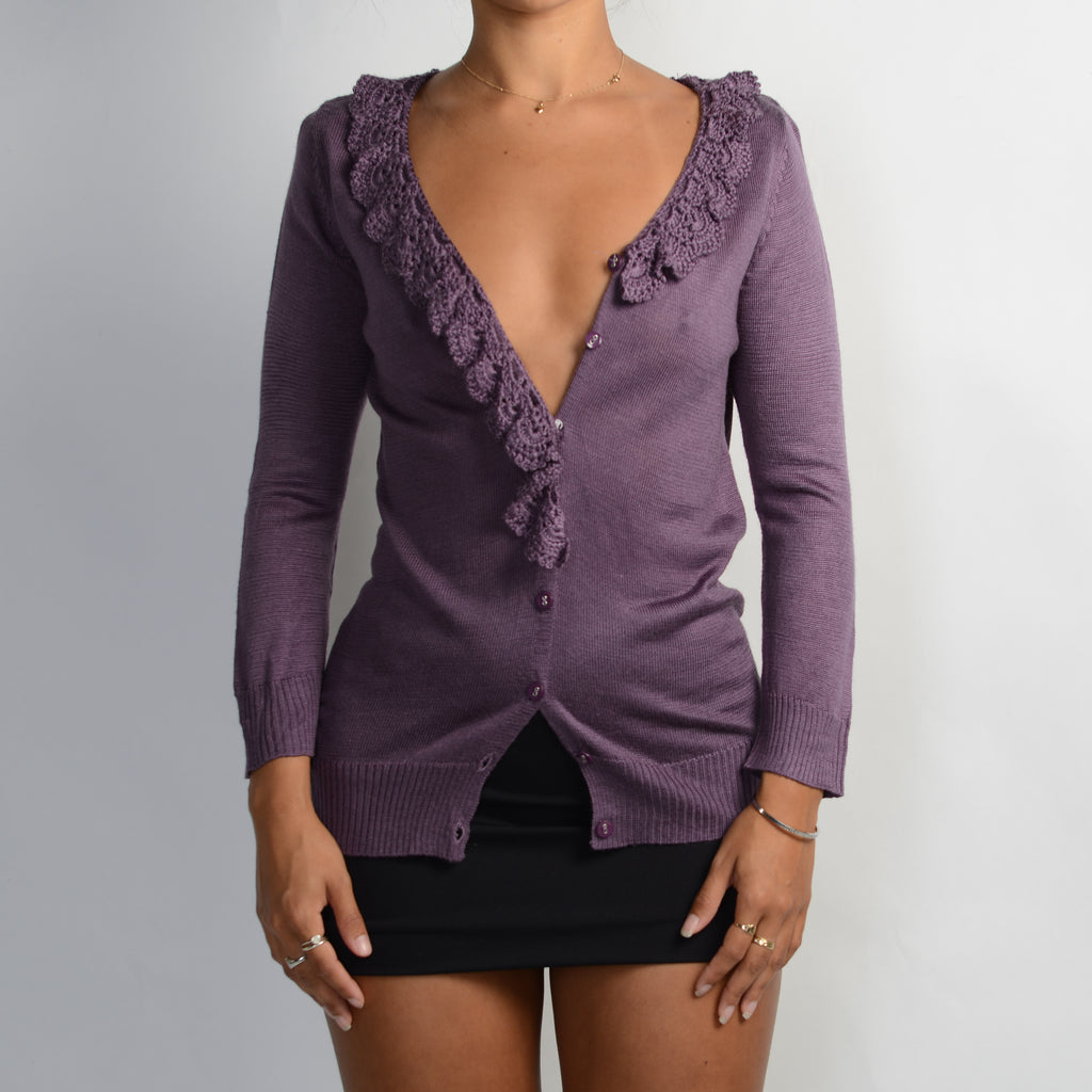 PURPLE RUFFLE KNIT CARDIGAN