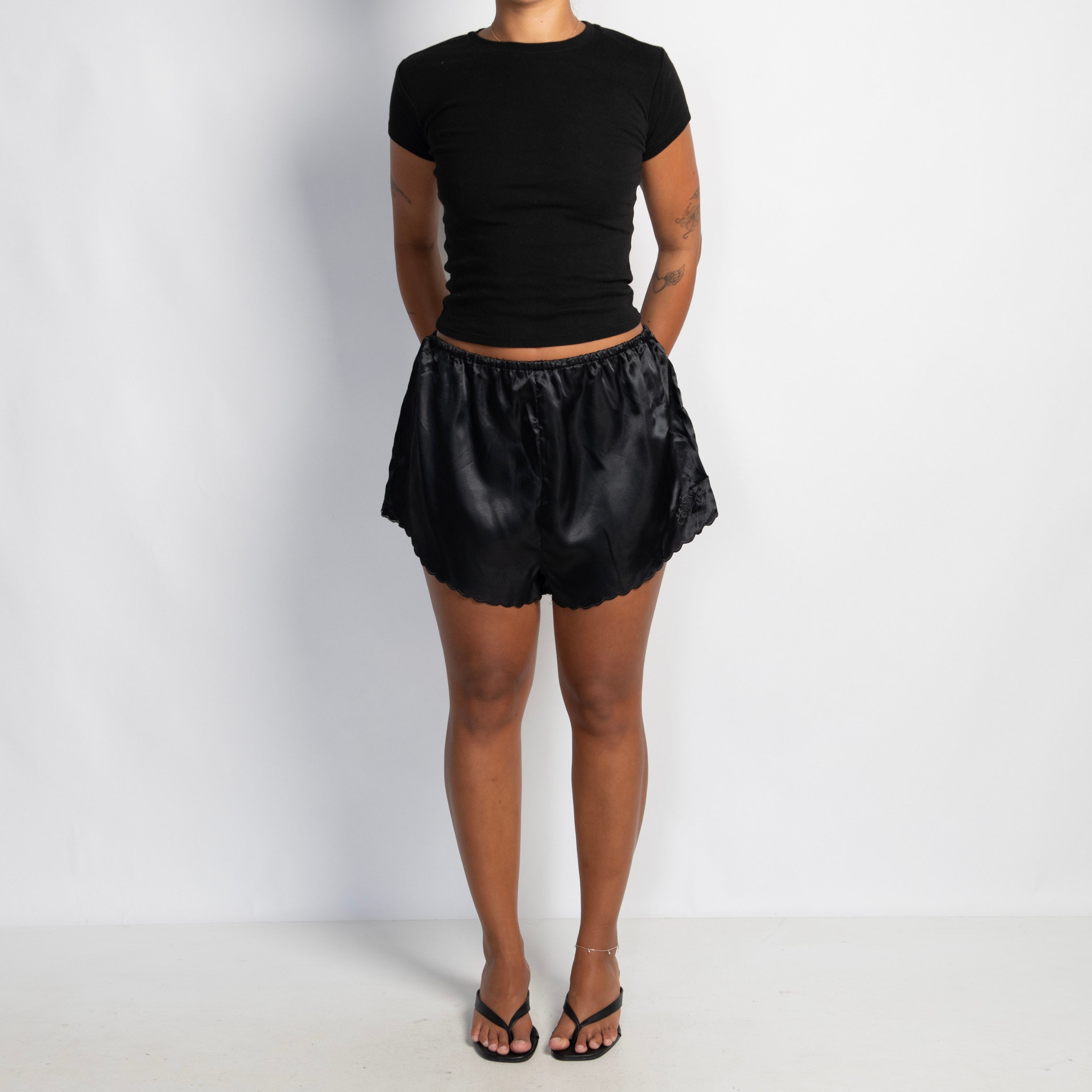 BLACK SATIN SHORTS