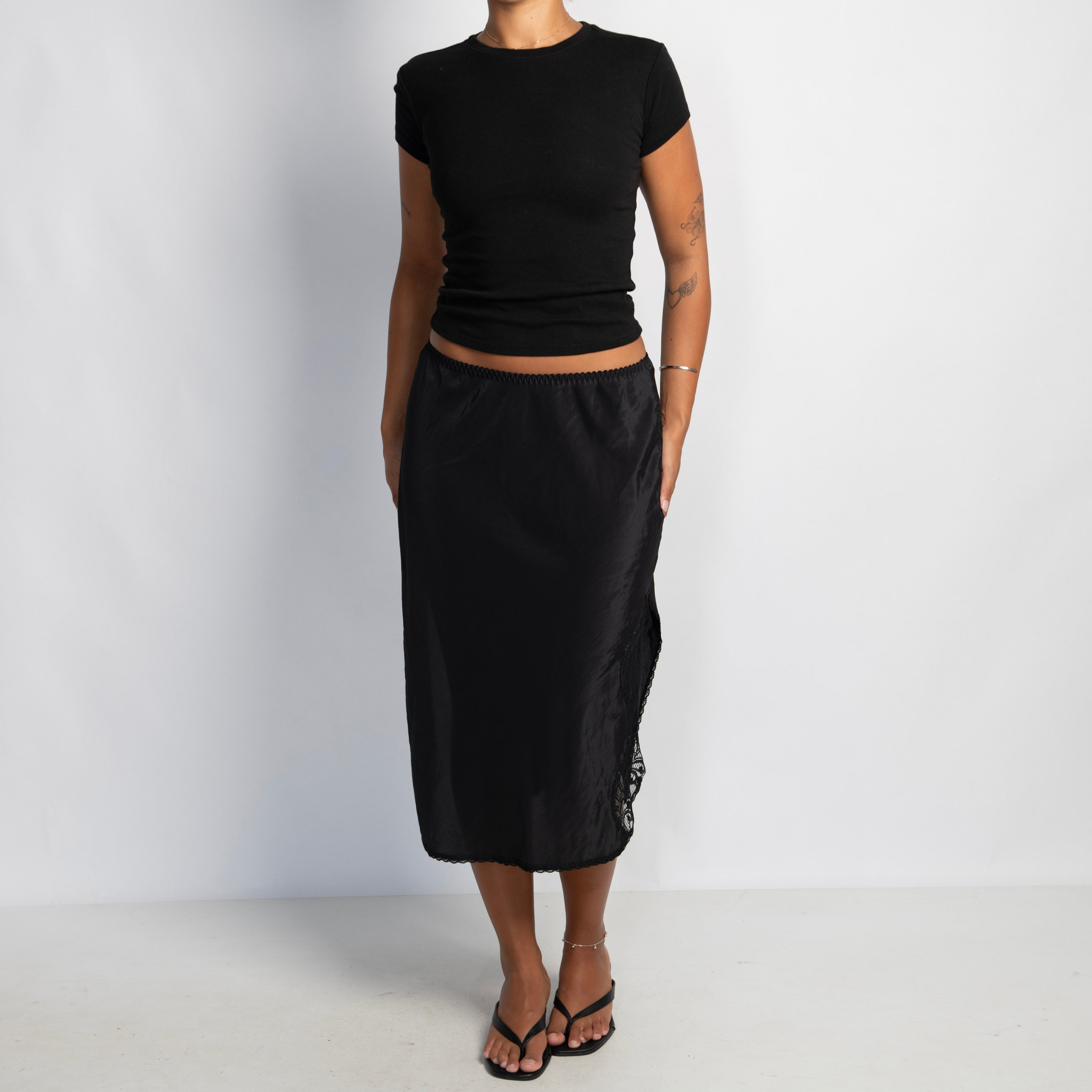BLACK SATIN SLIP SKIRT