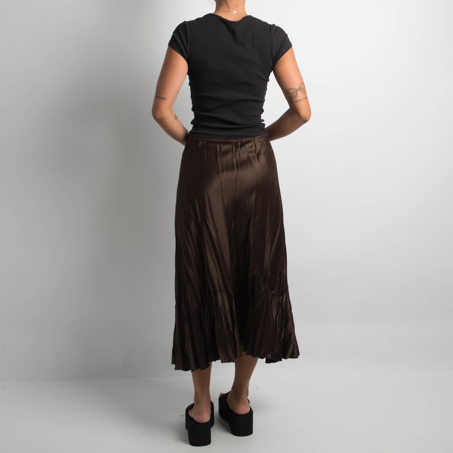 BROWN SATIN MIDI SKIRT