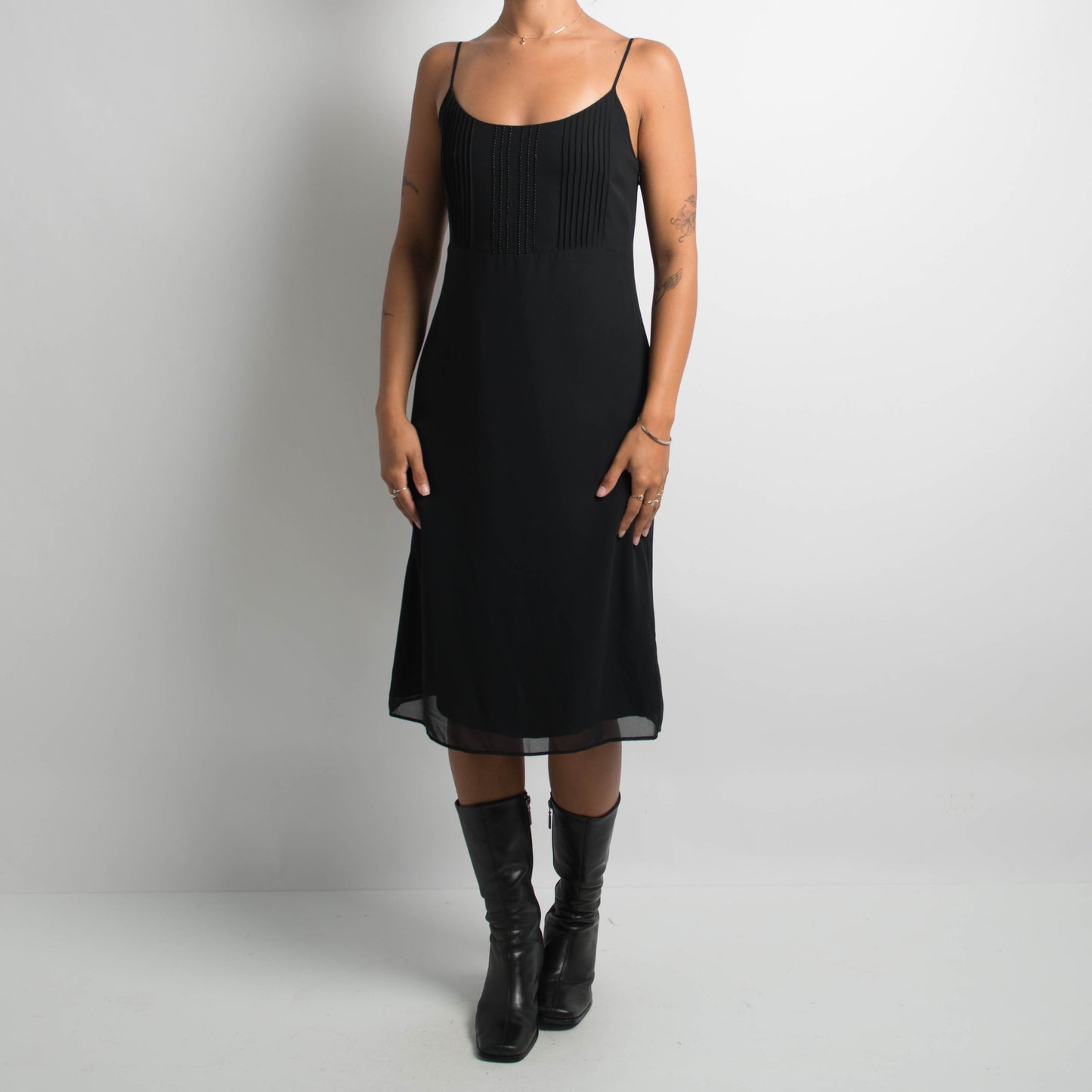 BLACK SLIP MIDI DRESS