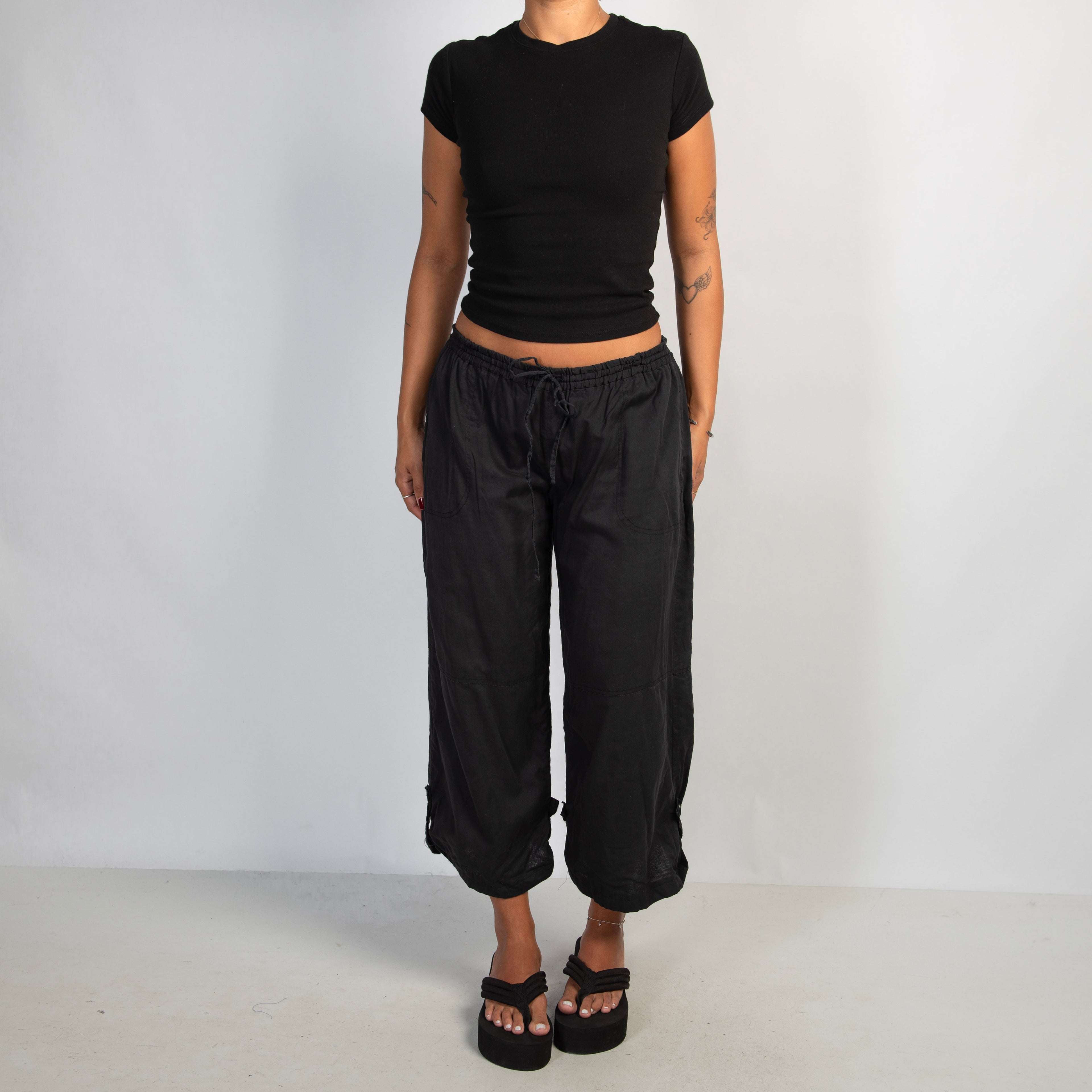 BLACK CROP COTTON PANTS