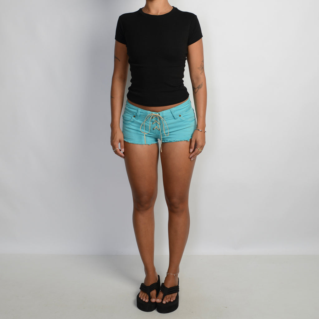 TURQOUISE DENIM MINI SHORTS