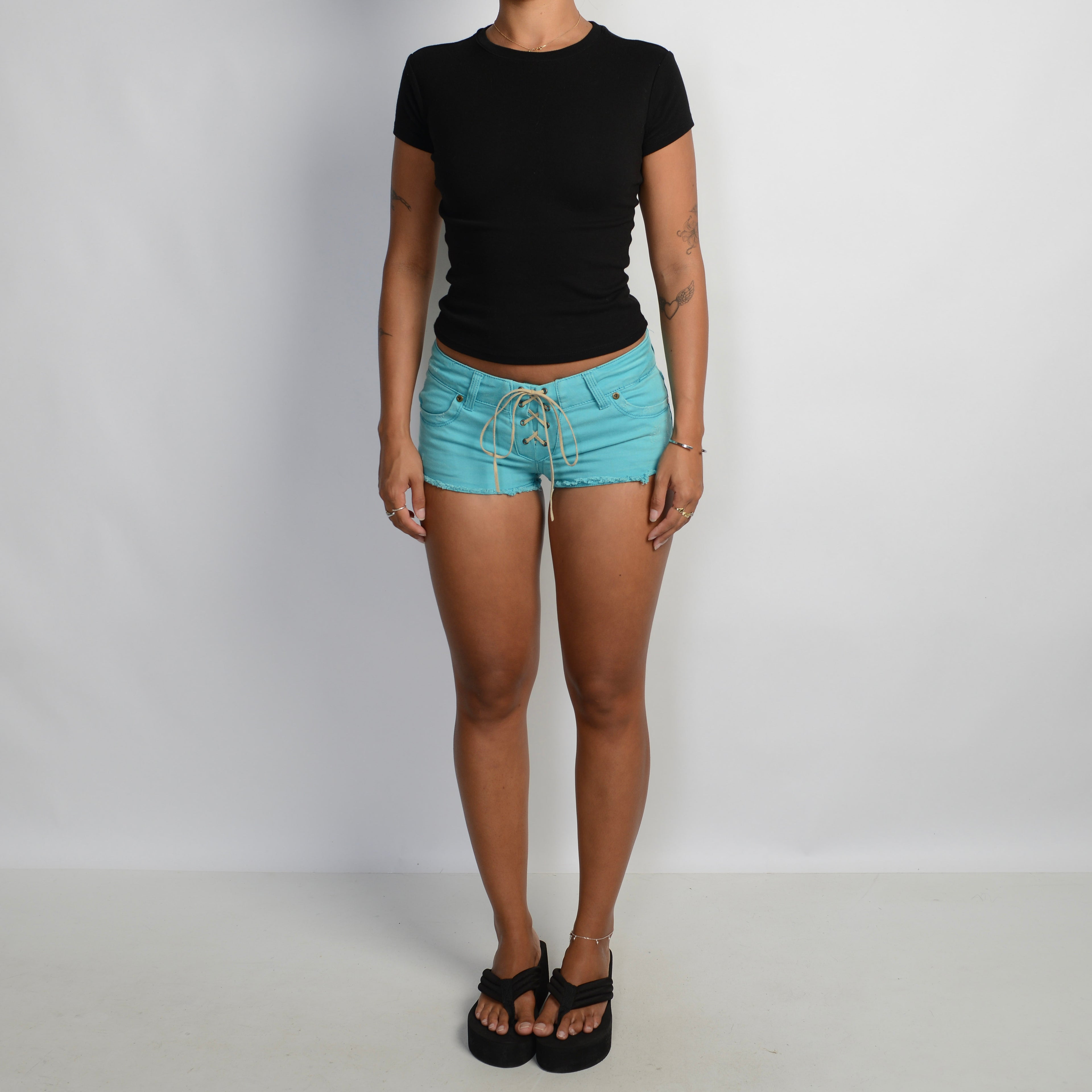 TURQOUISE DENIM MINI SHORTS