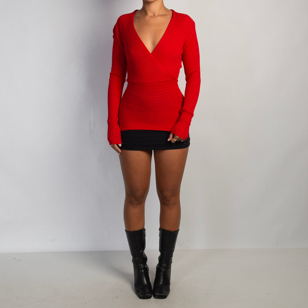 RED FAUX WRAP TOP