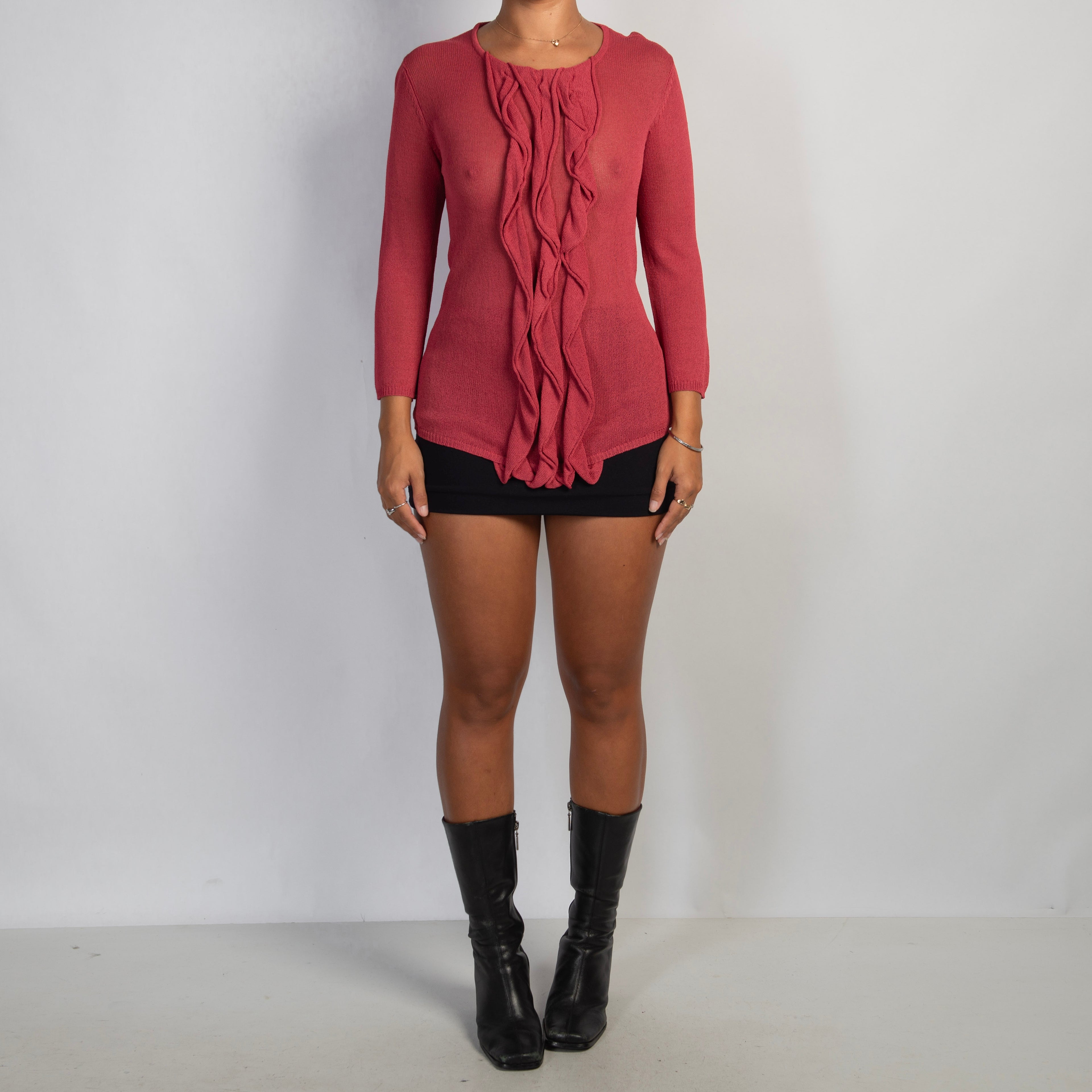 PINK KNIT RUFFLE TOP