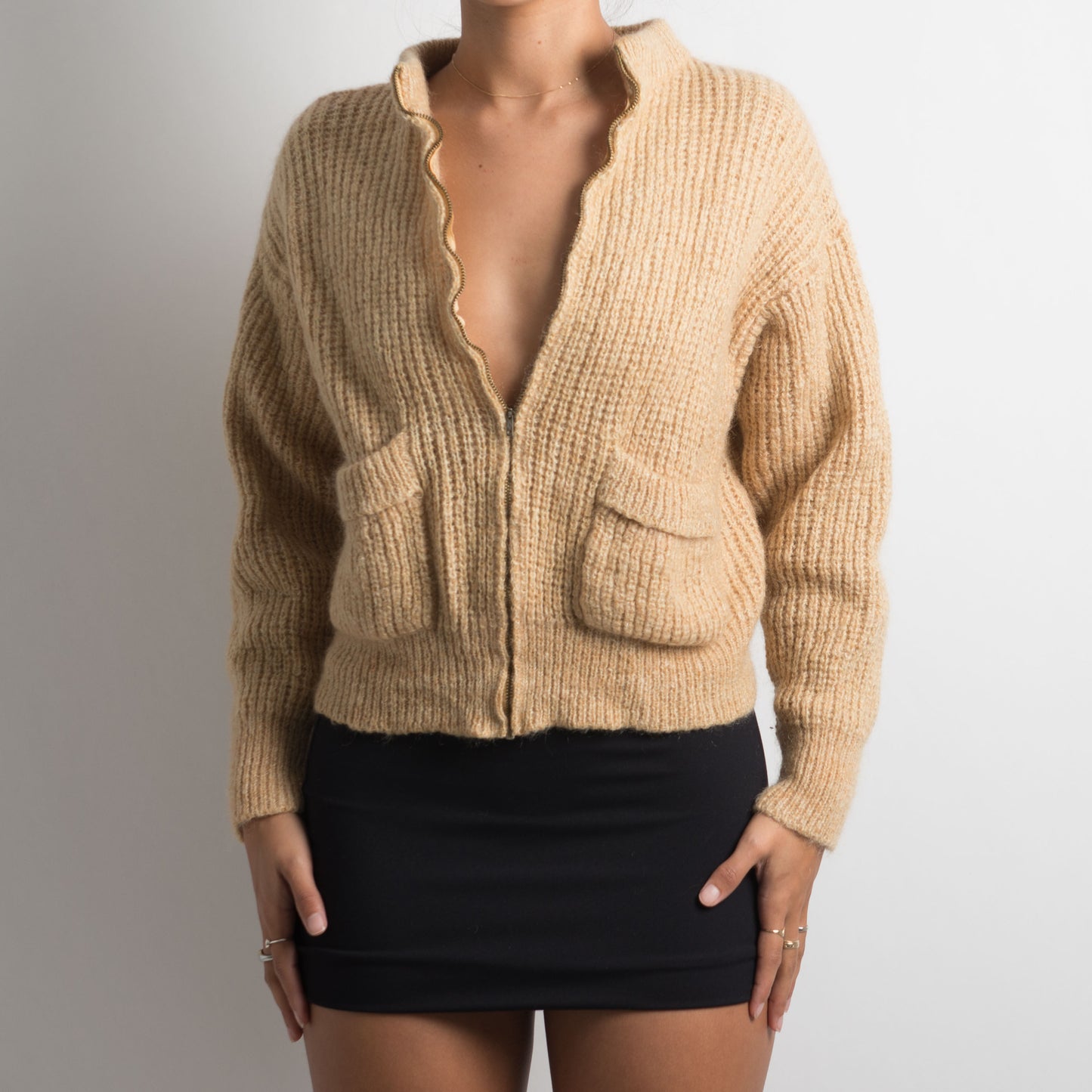 TAN KNIT ZIP SWEATER