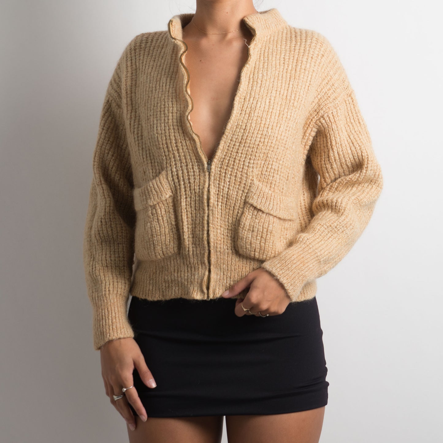 TAN KNIT ZIP SWEATER