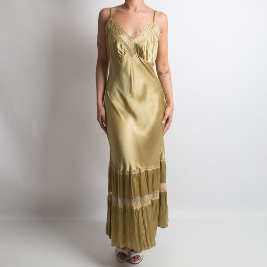 BRASS TIERED LACE GOWN