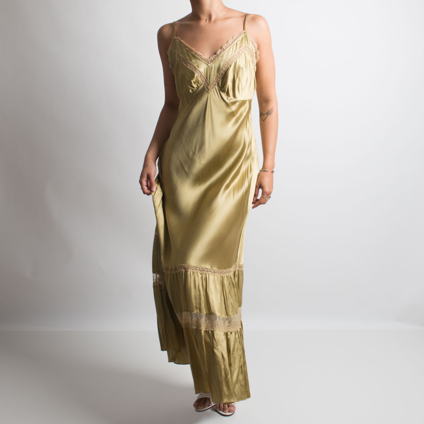 BRASS TIERED LACE GOWN