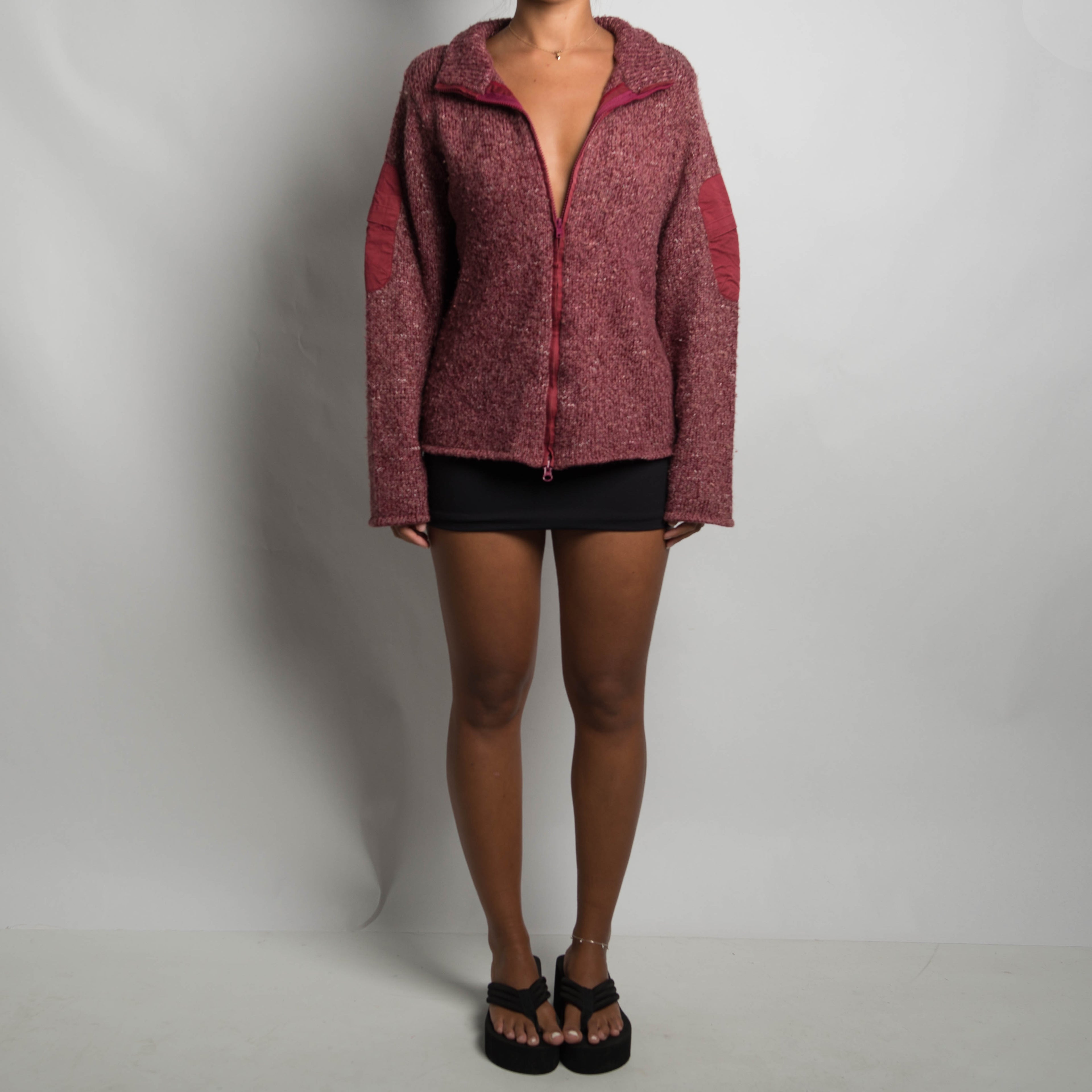 MAROON KNIT ZIP CARDIGAN