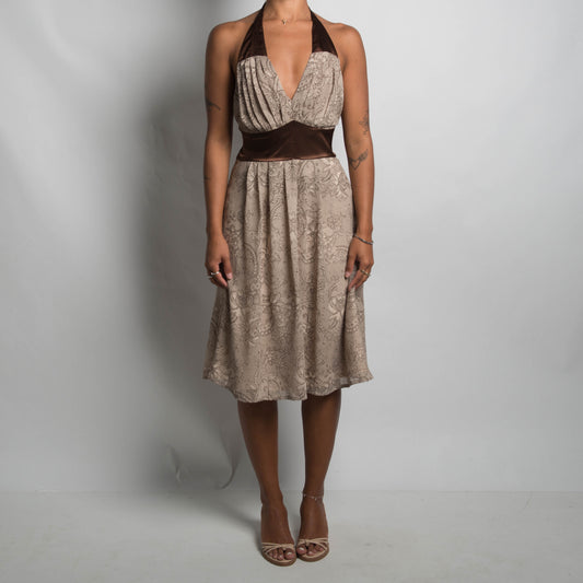 BROWN PATTERN HALTER DRESS