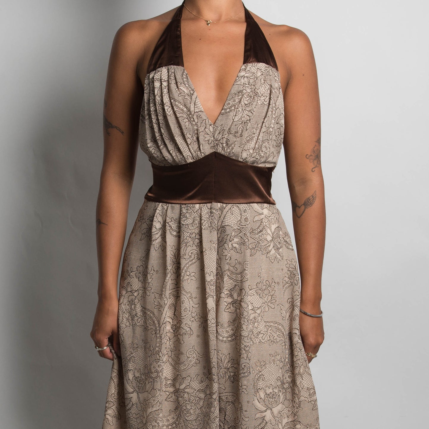 BROWN PATTERN HALTER DRESS