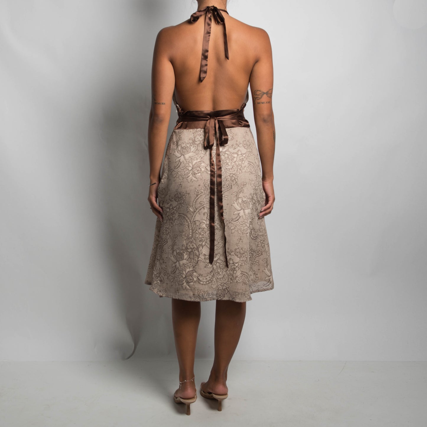 BROWN PATTERN HALTER DRESS