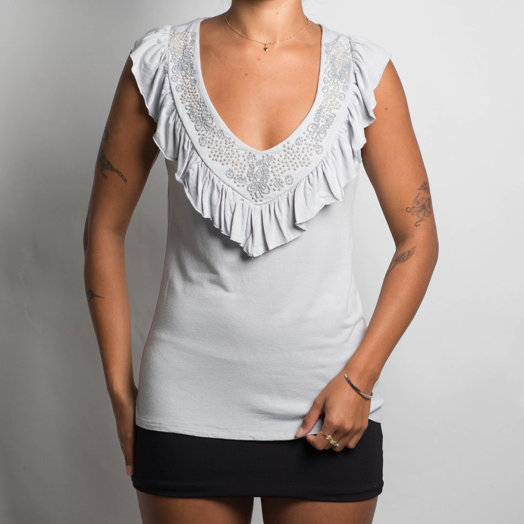 GREY RUFFLE BEADED TOP