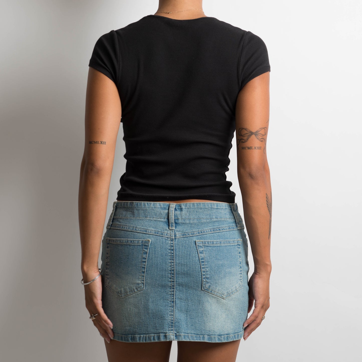 SUBTLE PINSTRIPE DENIM MINI SKIRT