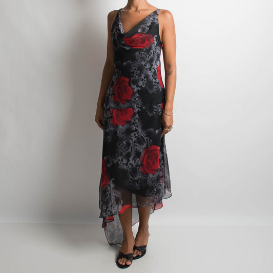 ASYMMETRIC FLORAL EVENING DRESS