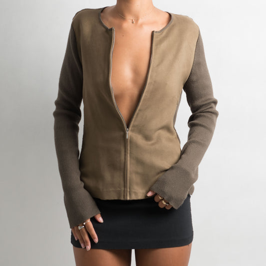 KHAKI ZIP FRONT CARDIGAN