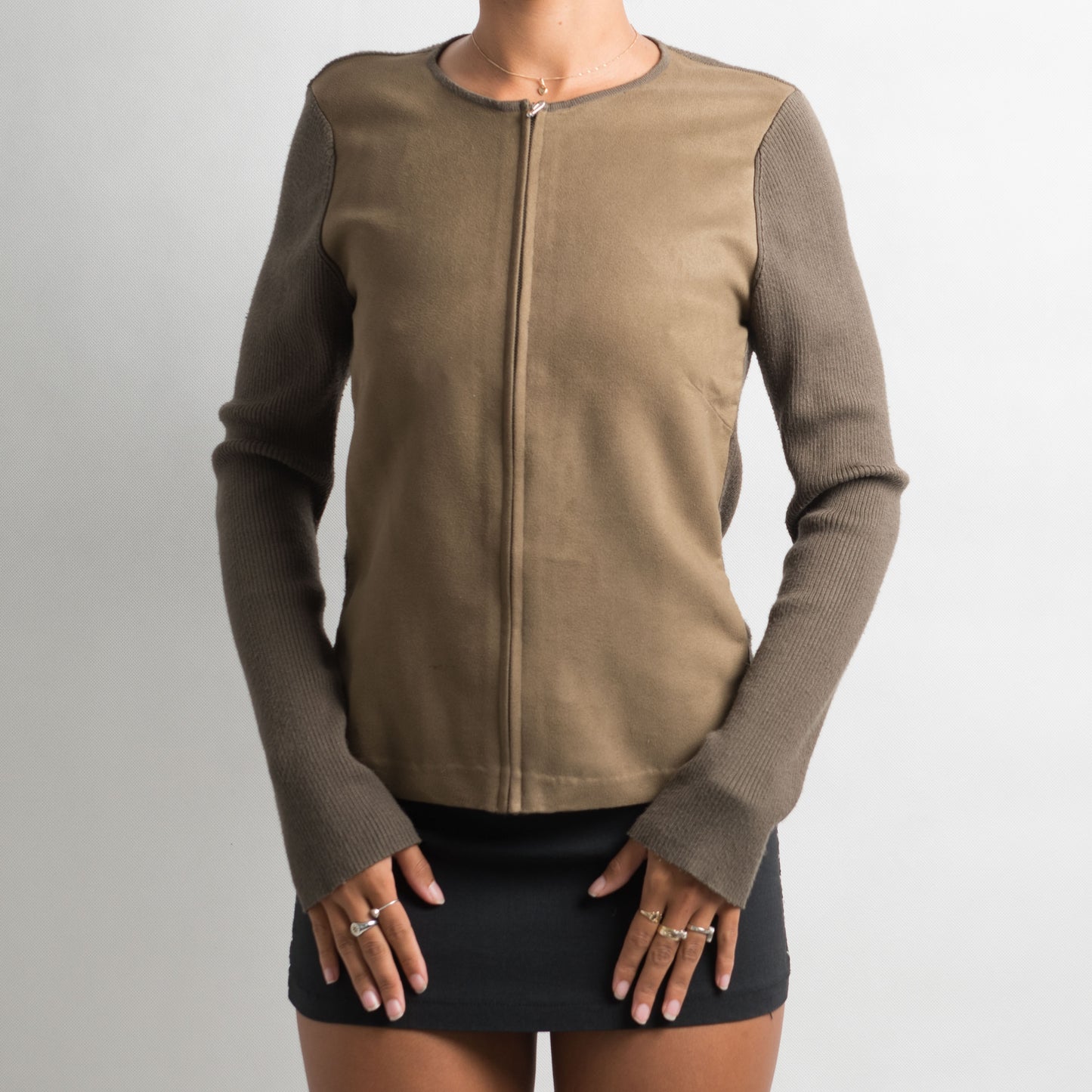 KHAKI ZIP FRONT CARDIGAN