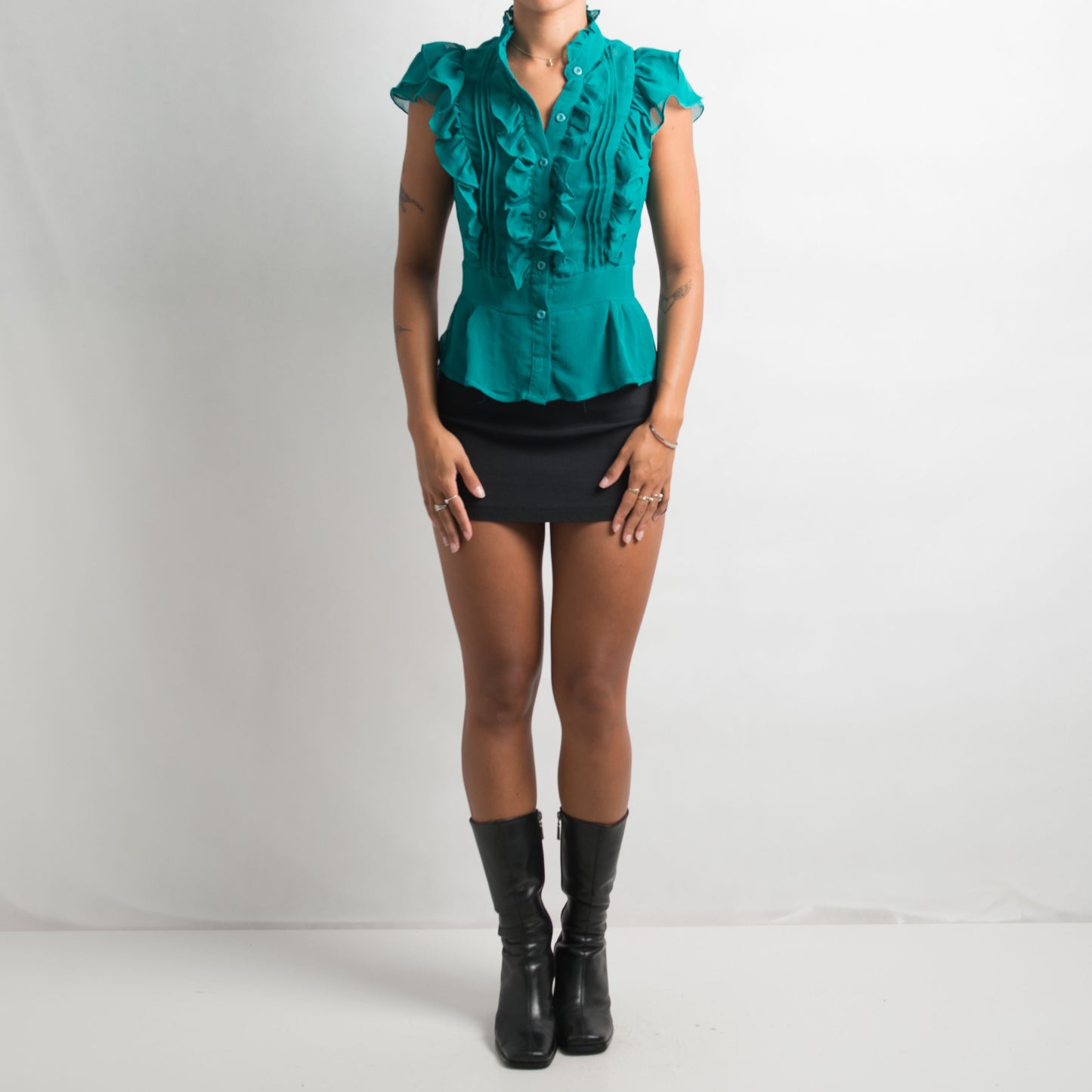 TEAL RUFFLE SHORT SLEEVE BLOUSE